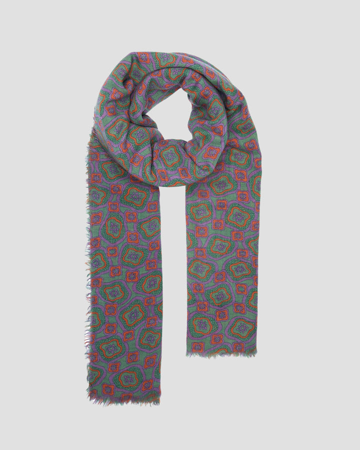 Khaki wool scarf with an abstract geometric pattern in lilac and orange, draped with fringed edges