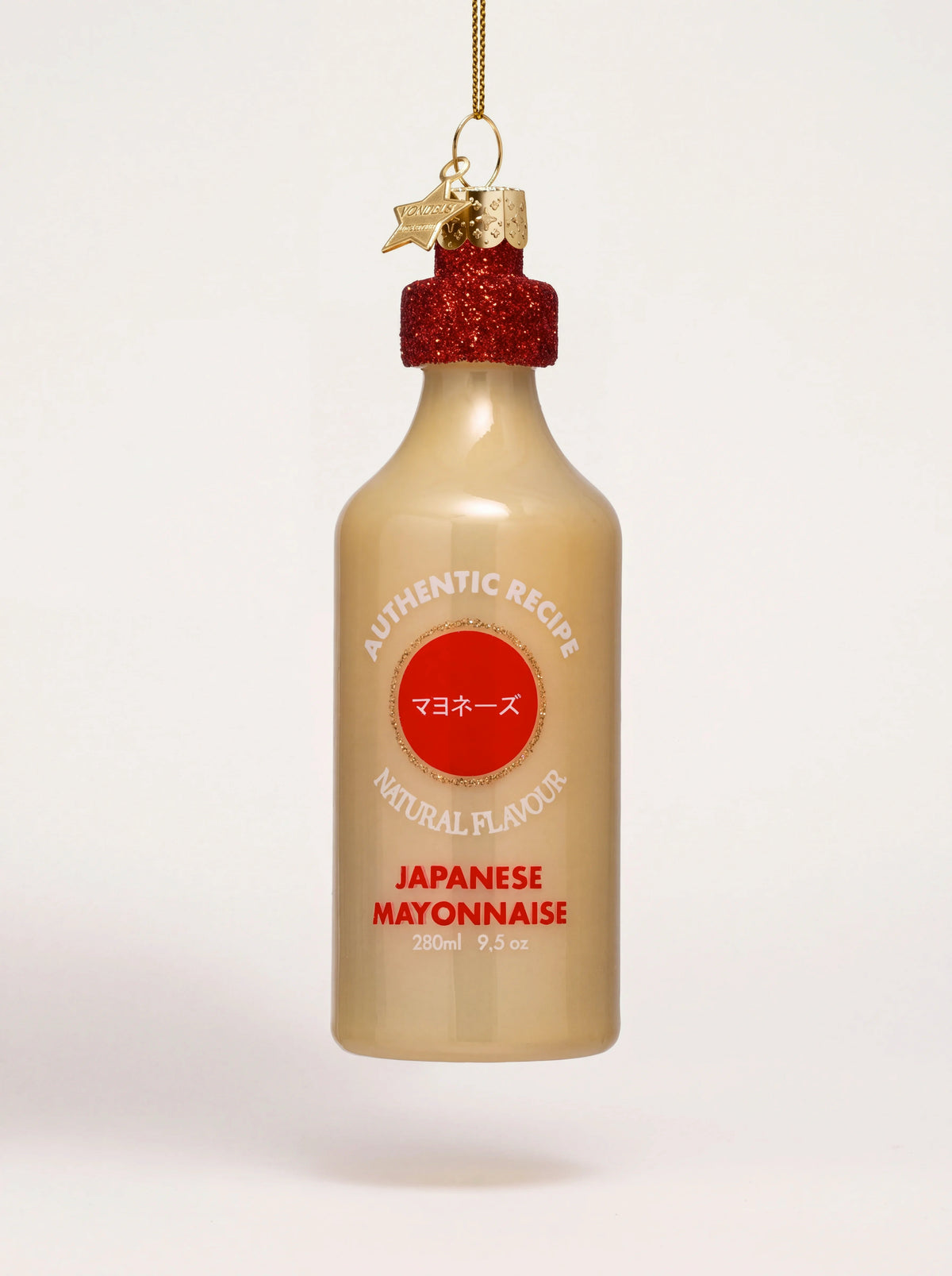 Japanese mayonnaise glass ornament with a red glitter cap and printed bottle label details