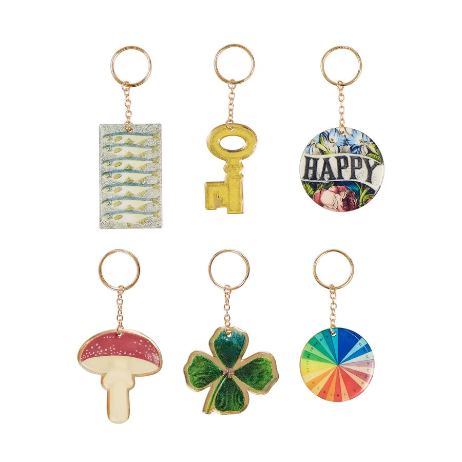 Six metal charm keyrings with designs including a key, mushroom, four-leaf clover and colour wheel