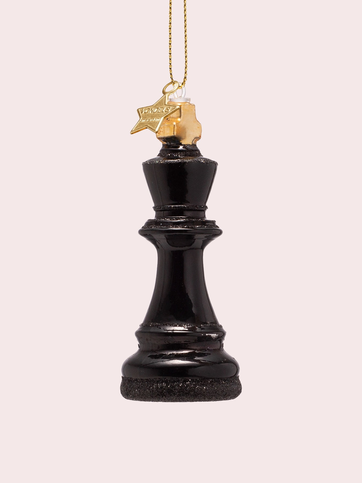 Black glass king chess ornament with gold cap and star charm embossed with VONDELS
