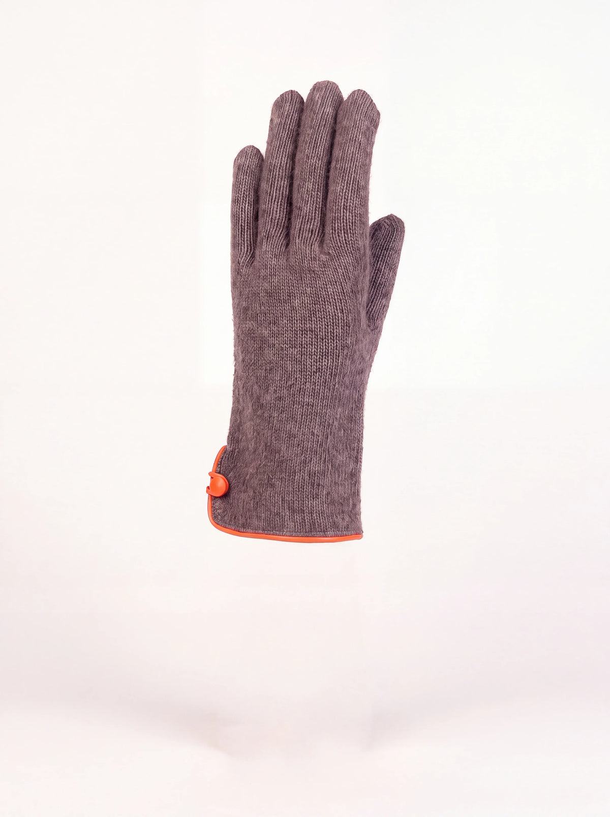 Knitted wool and cashmere glove in heathered grey with bright orange piping and button detail at the cuff