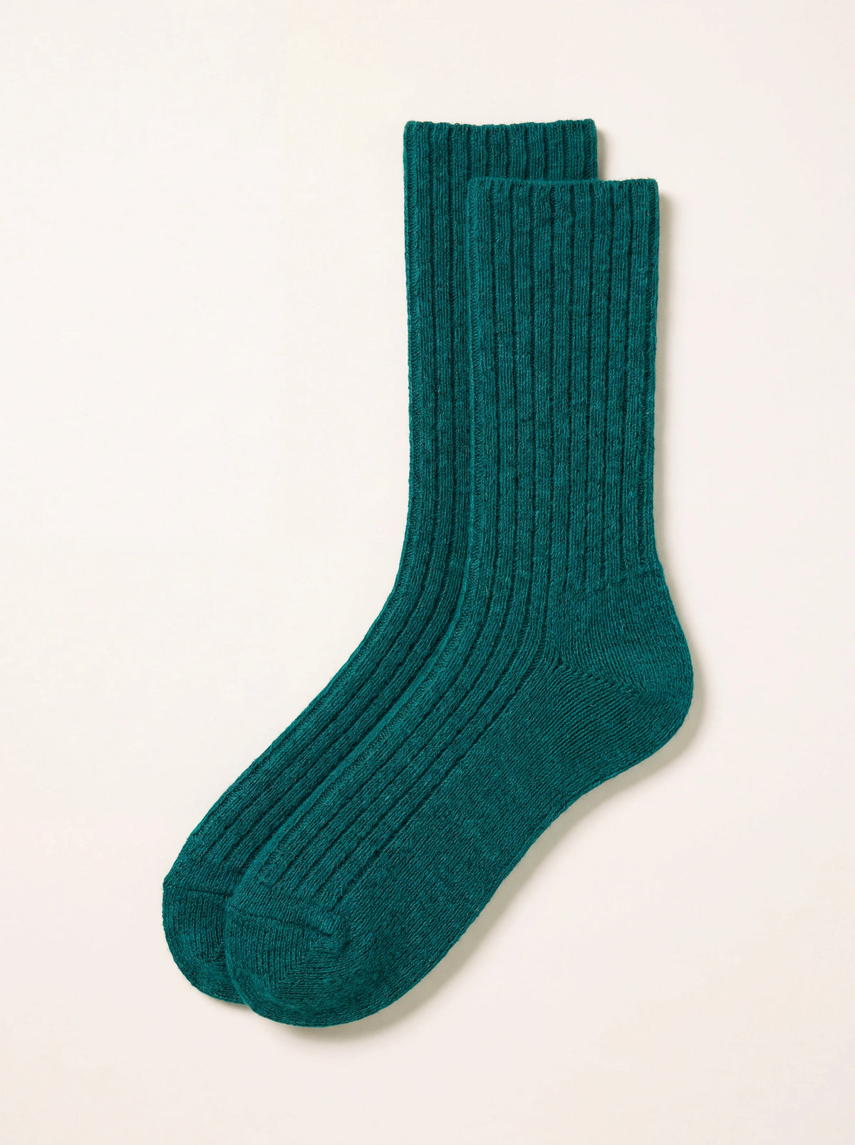 Ribbed dark green lambswool socks with smooth knit heel and toe sections