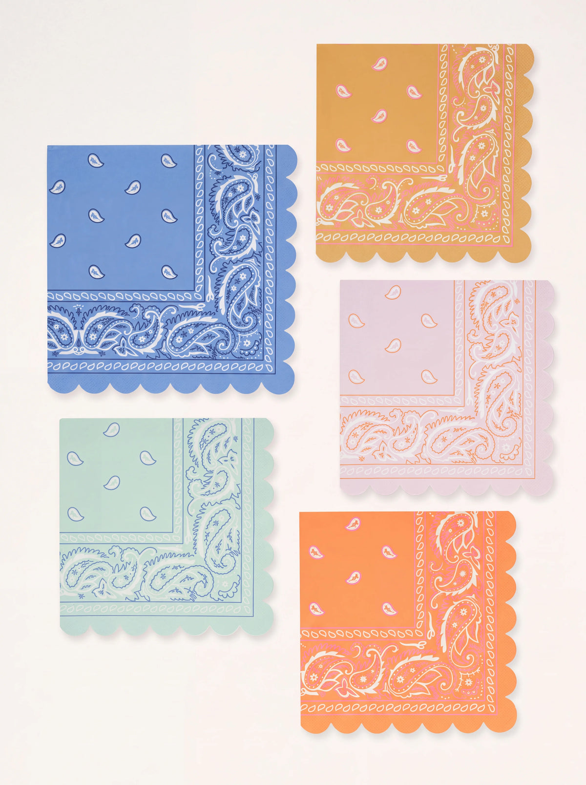 Bandana paper napkins with scalloped edges and paisley motifs in five assorted colours