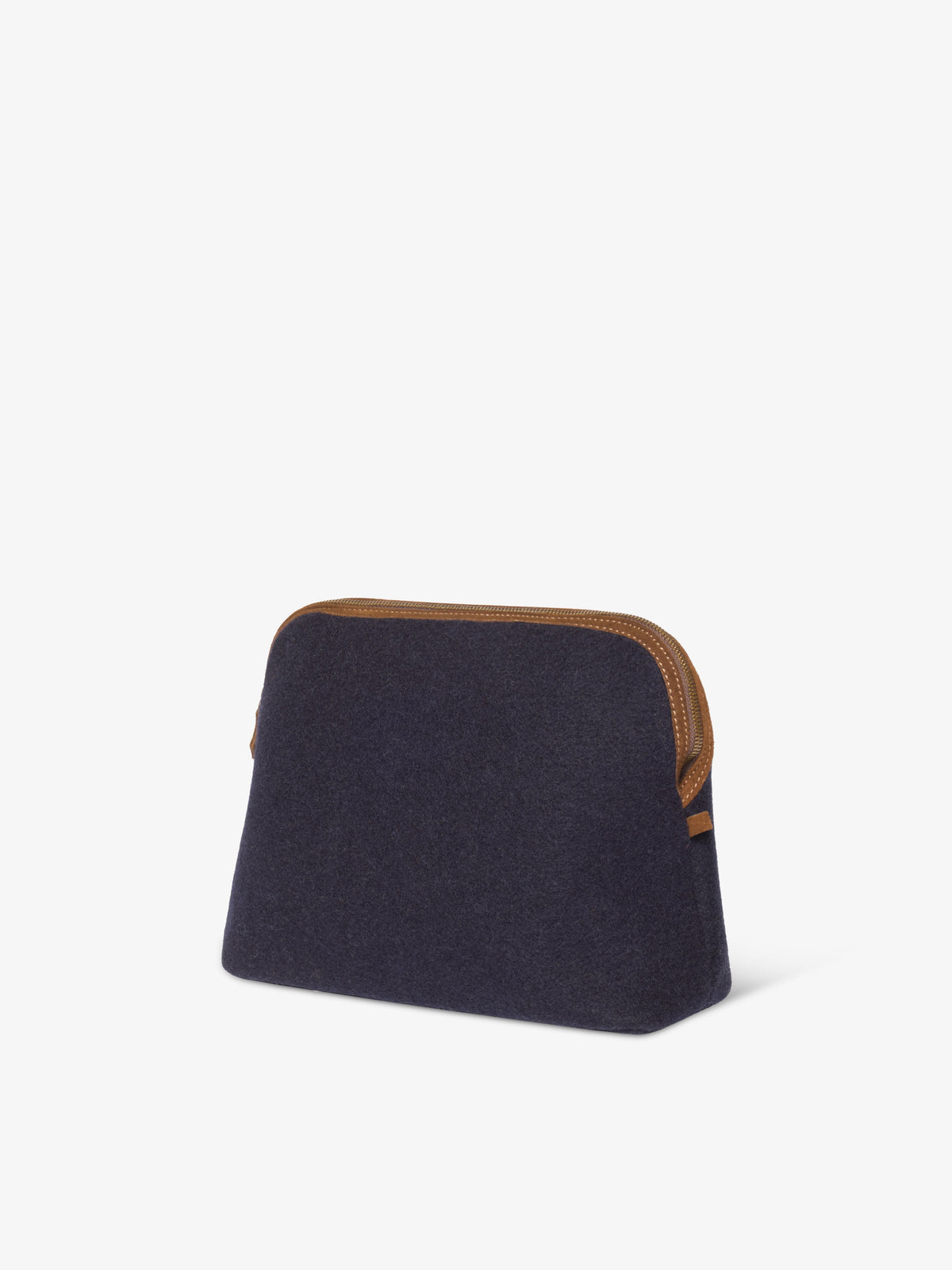 Blue felt pouch in a three-quarter view showing its width, flat base and side tab
