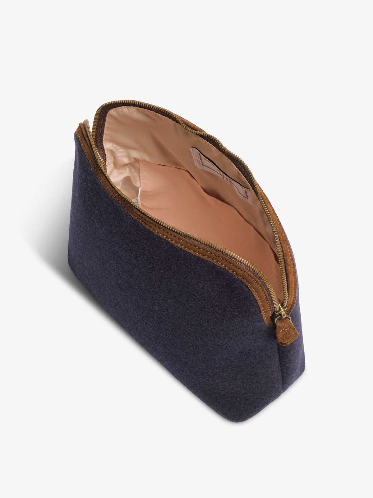 Open blue felt pouch showing the interior fabric lining and inner slip pocket