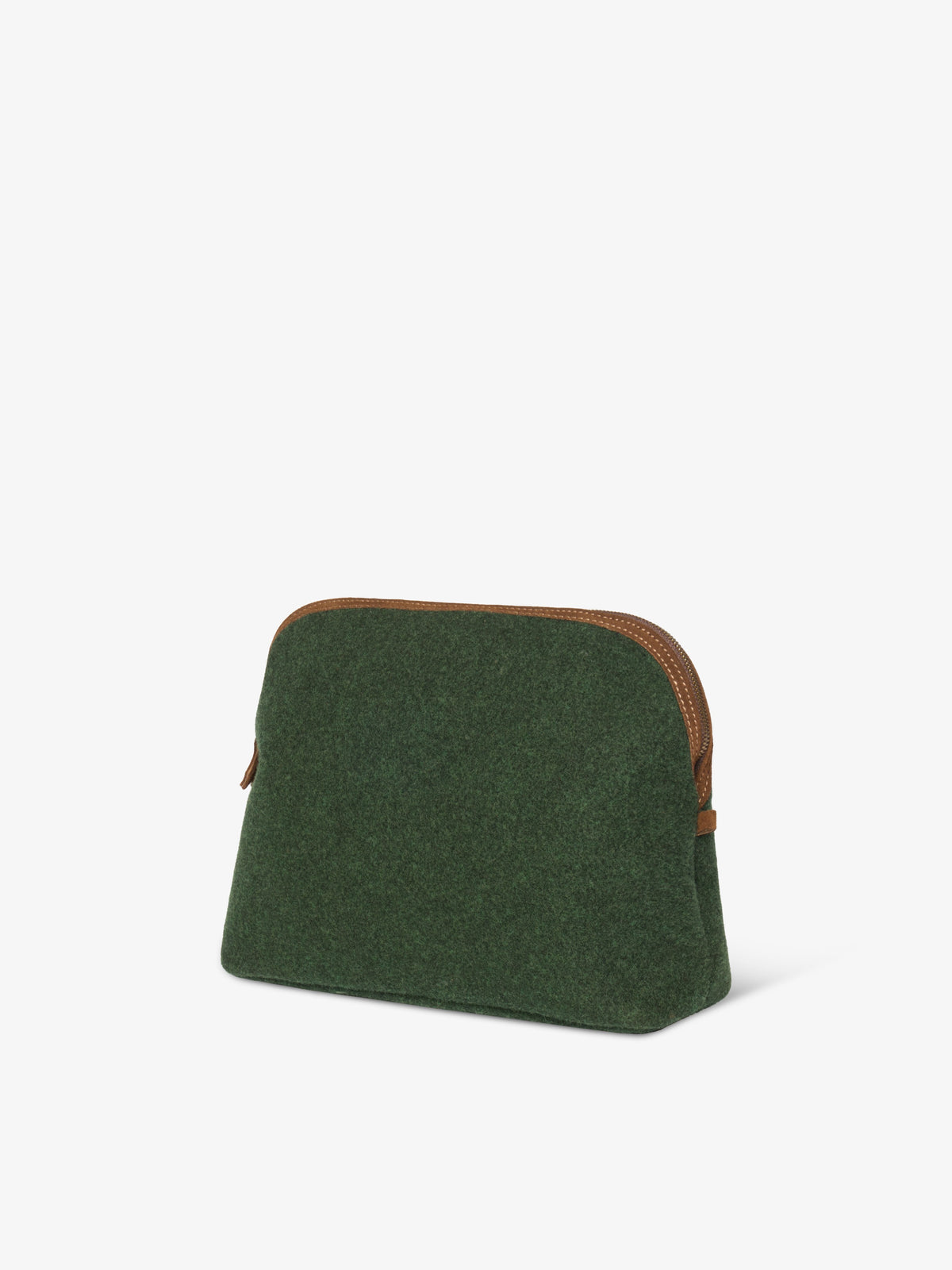 Green felt pouch at an angle showing its depth, flat base and side tab