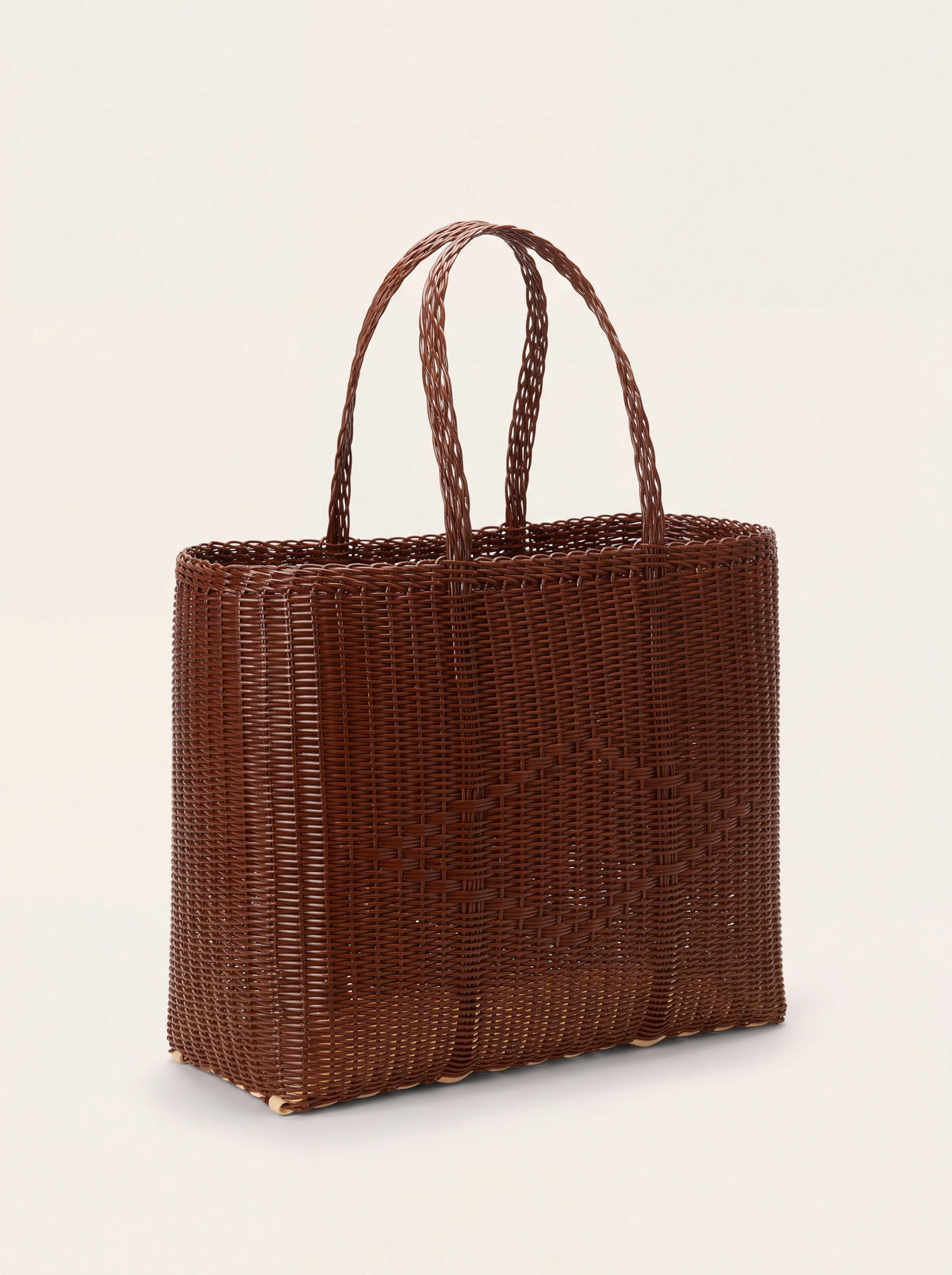 Woven chocolate brown plastic tote bag with two tall handles and a tone-on-tone diamond weave