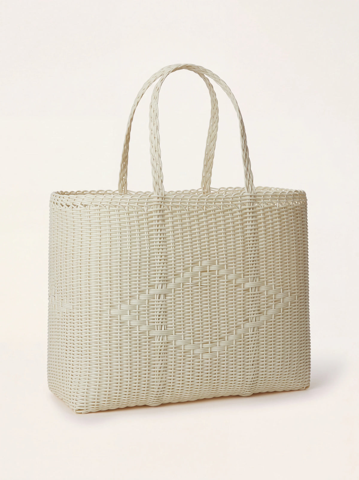 Cream woven plastic tote bag with twin top handles and a subtle woven diamond pattern