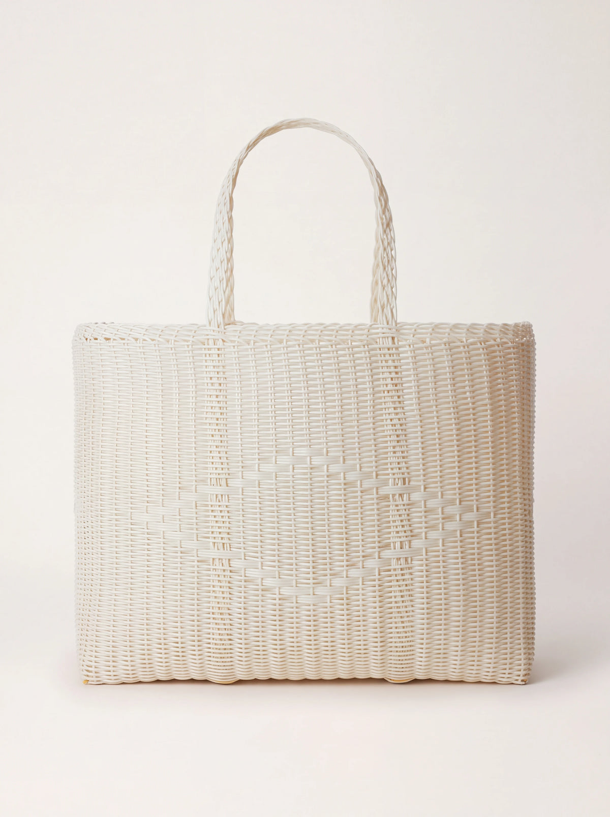 Woven plastic tote bag in vanilla with a geometric diamond pattern and twin top handles