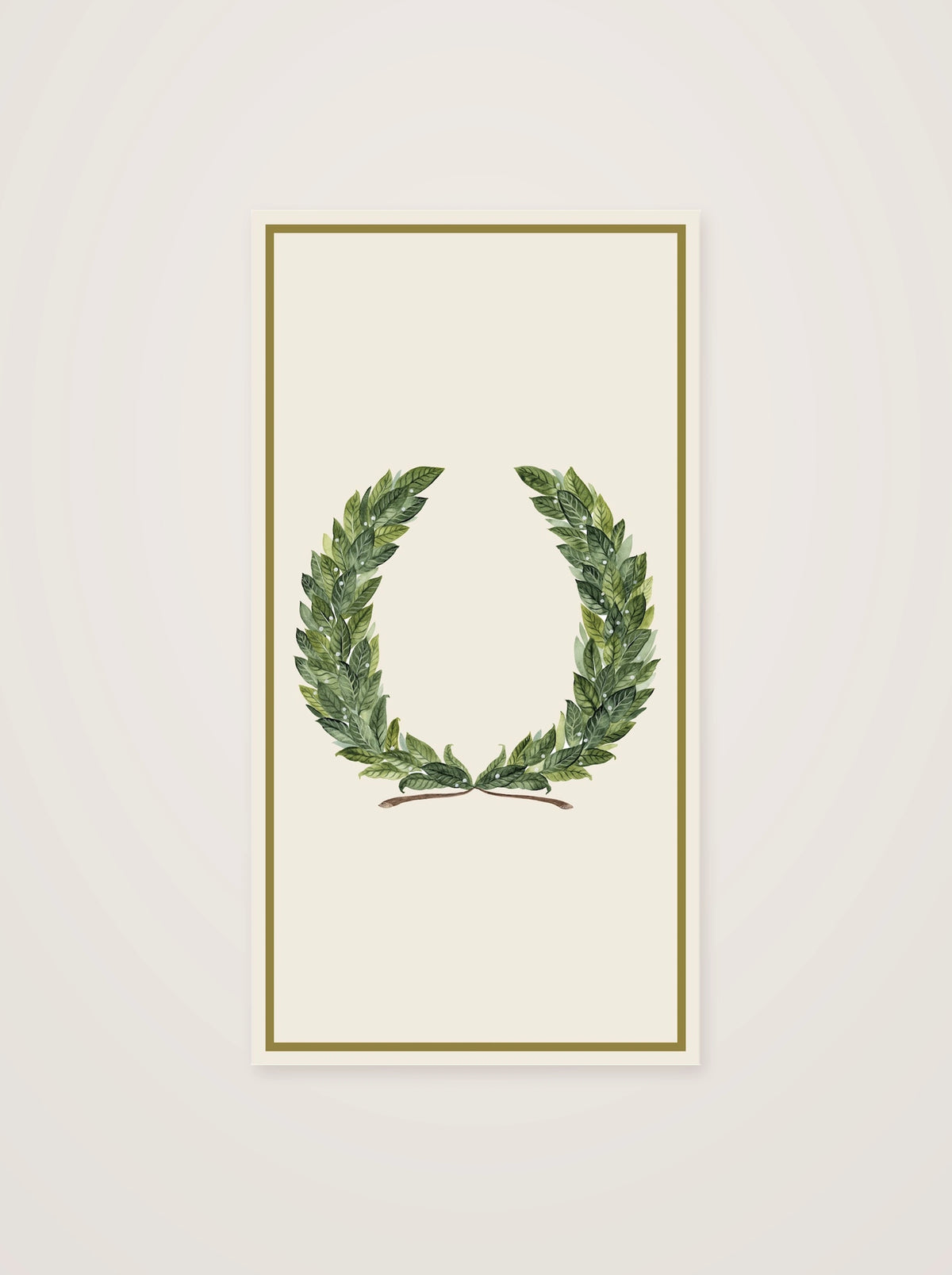 Rectangular paper guest napkin featuring an illustrated laurel wreath motif within an olive frame