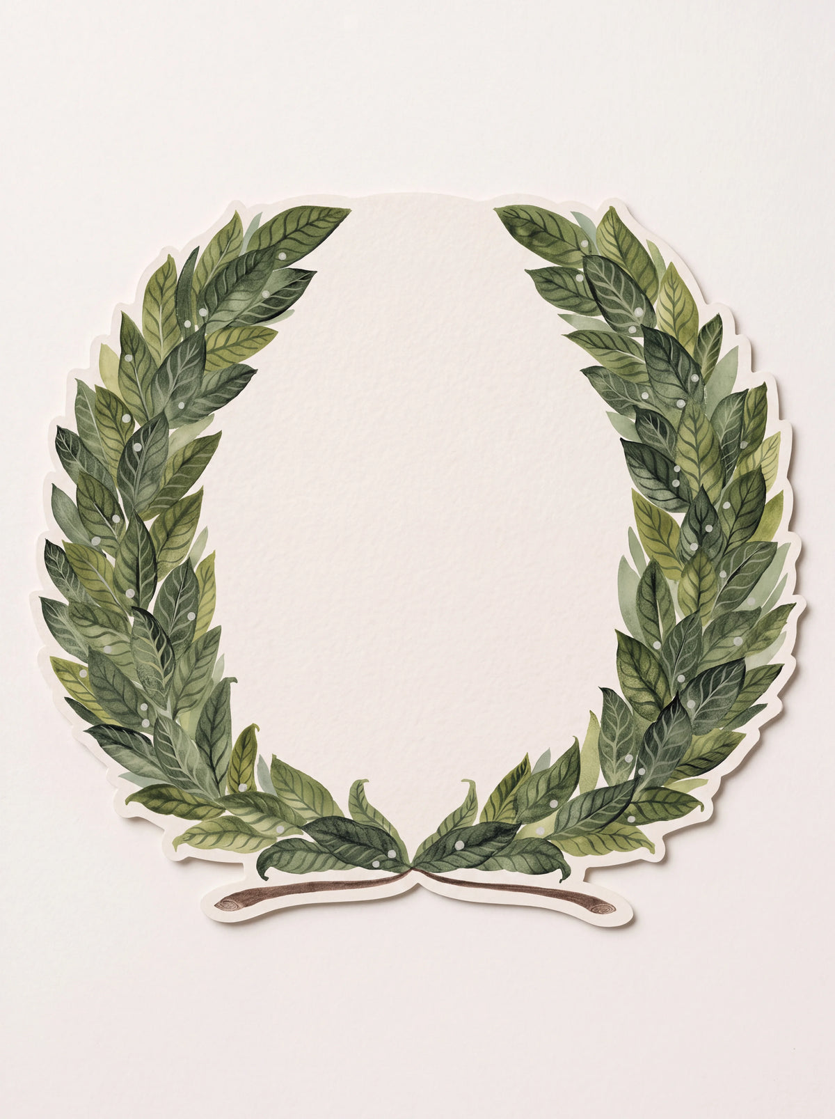 Die-cut paper placemat shaped like a laurel wreath with green illustrated leaves and white berries