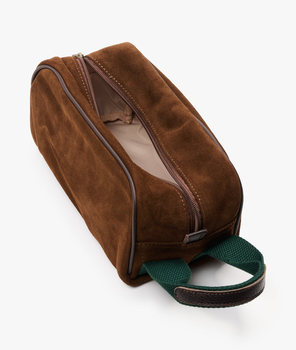 Top view with zip partially open showing the light-coloured fabric interior lining