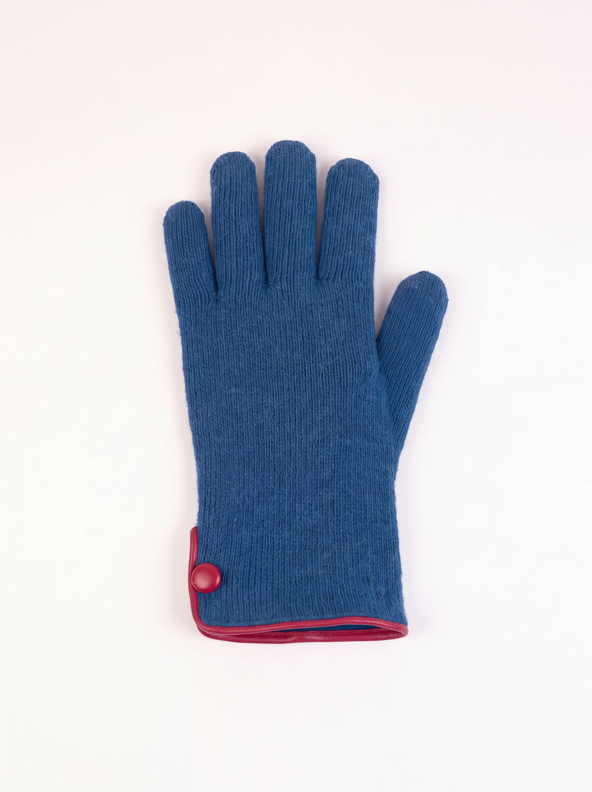 Petrol blue knitted wool and cashmere glove with contrasting red leather trim and covered button at the cuff