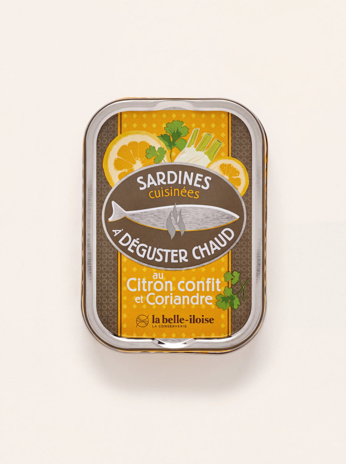 Tin of sardines with preserved lemon and coriander featuring an illustrated yellow label