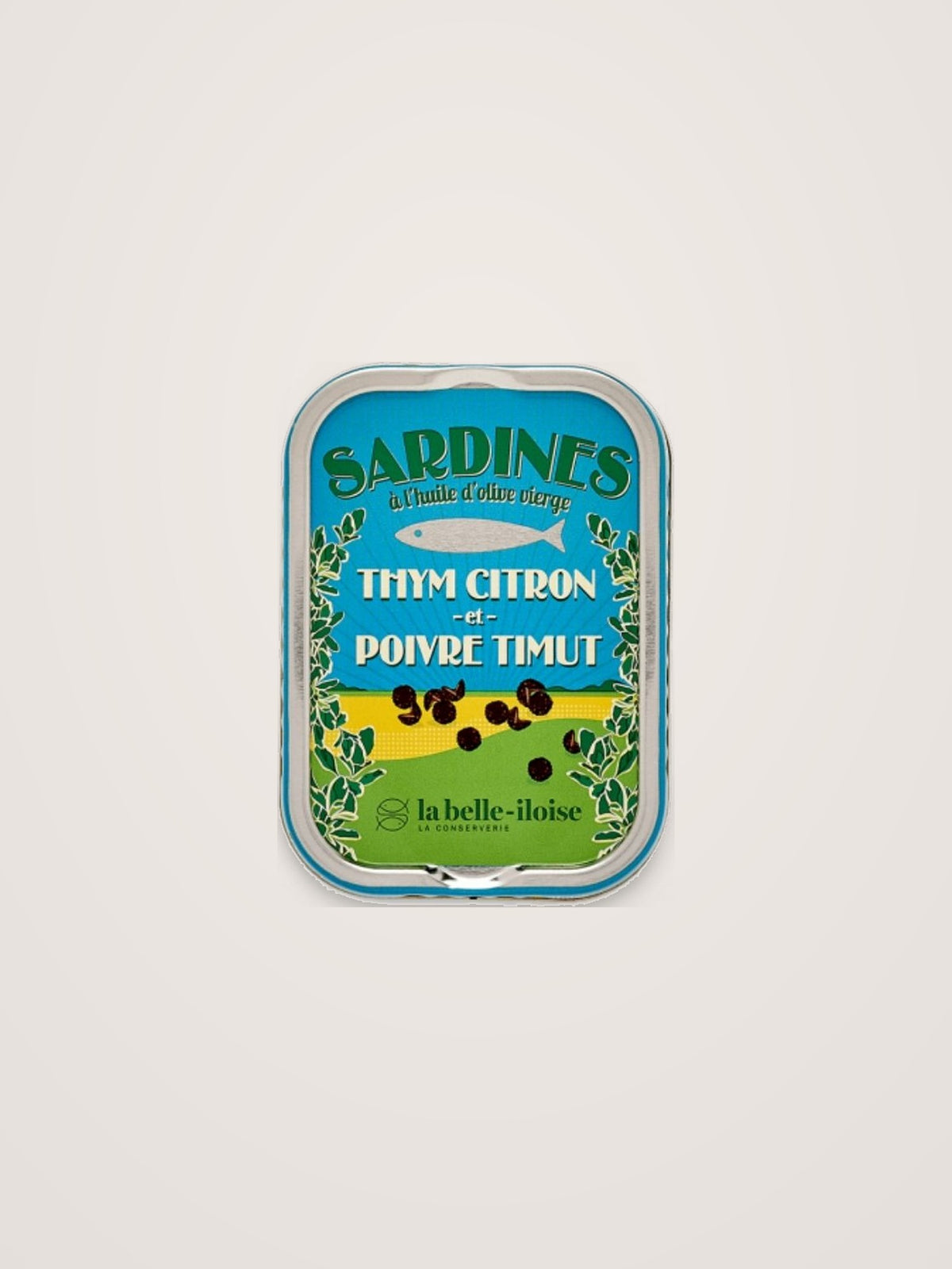 Tin of sardines in olive oil with lemon thyme and timut pepper on a blue and yellow label