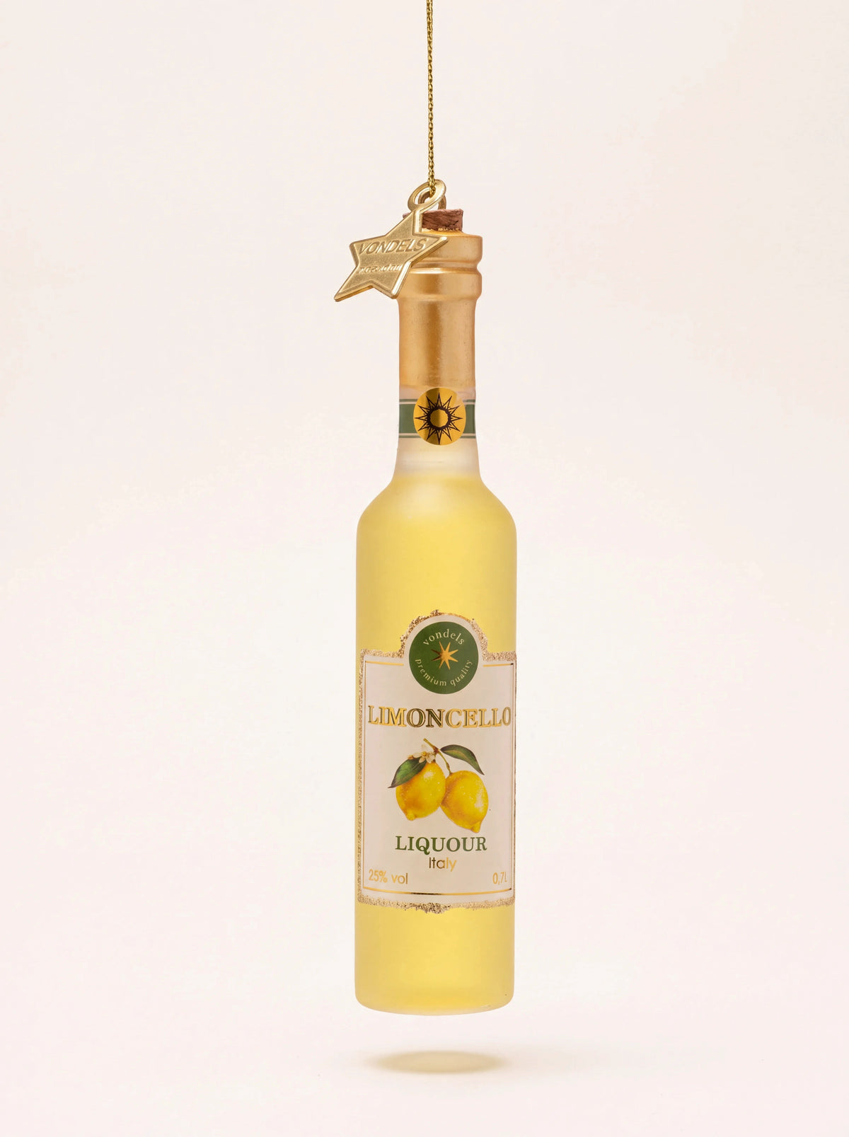 Limoncello bottle glass Christmas ornament with a cork stopper, gold neck and illustrated front label