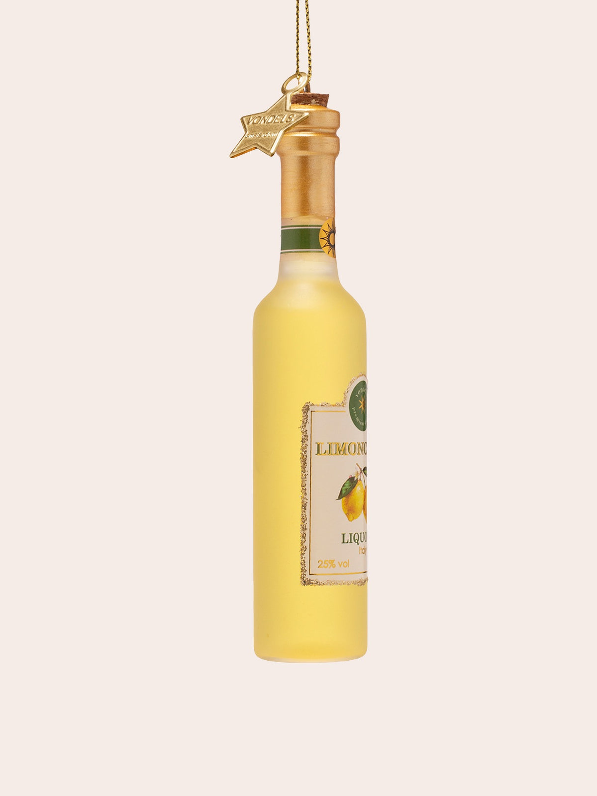Three-quarter view of the limoncello bottle ornament showing the slender cylindrical frosted glass body