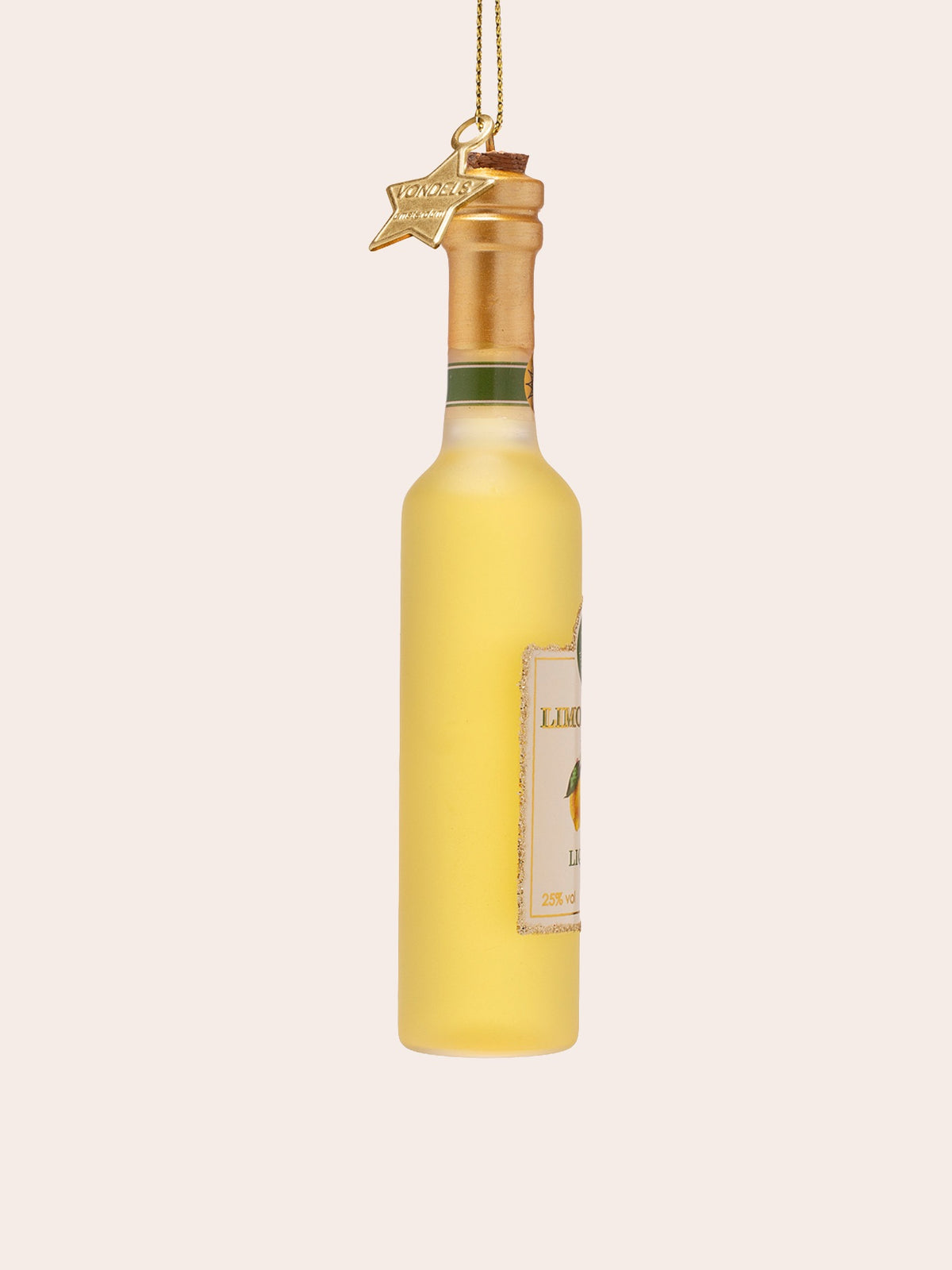 Side profile of the limoncello bottle ornament showing the cork stopper and hanging string with star charm