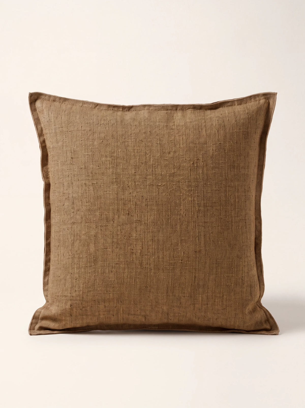 Square espresso brown linen cushion with a textured weave and flanged border
