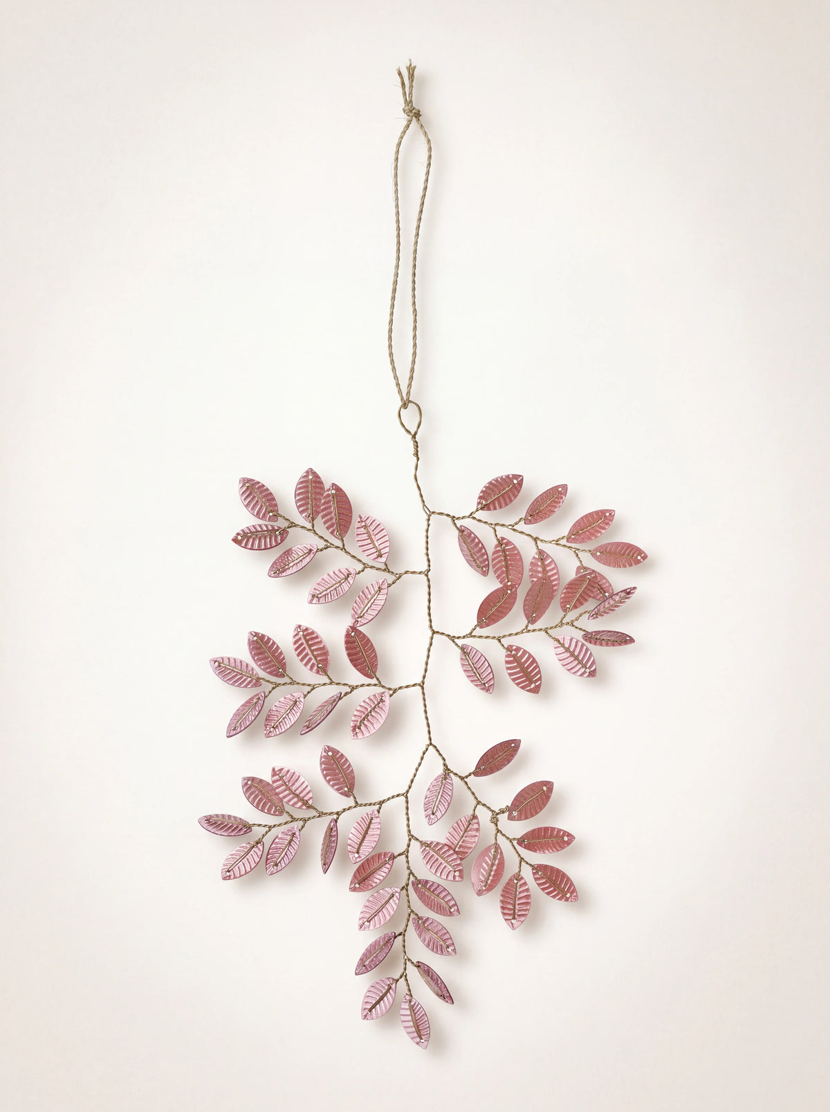 Branching wire twig ornament with cerise sequin leaves and a twine hanging loop