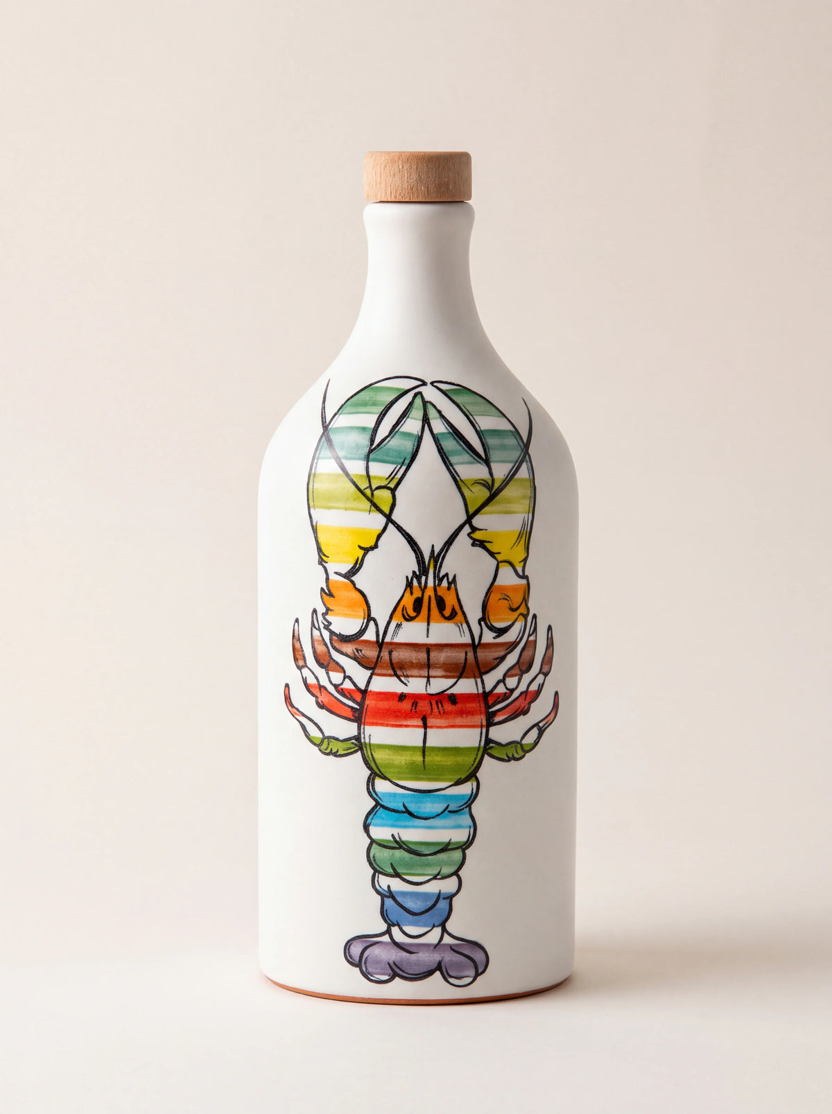 White ceramic oil jar with a colourful striped lobster motif and a wooden stopper