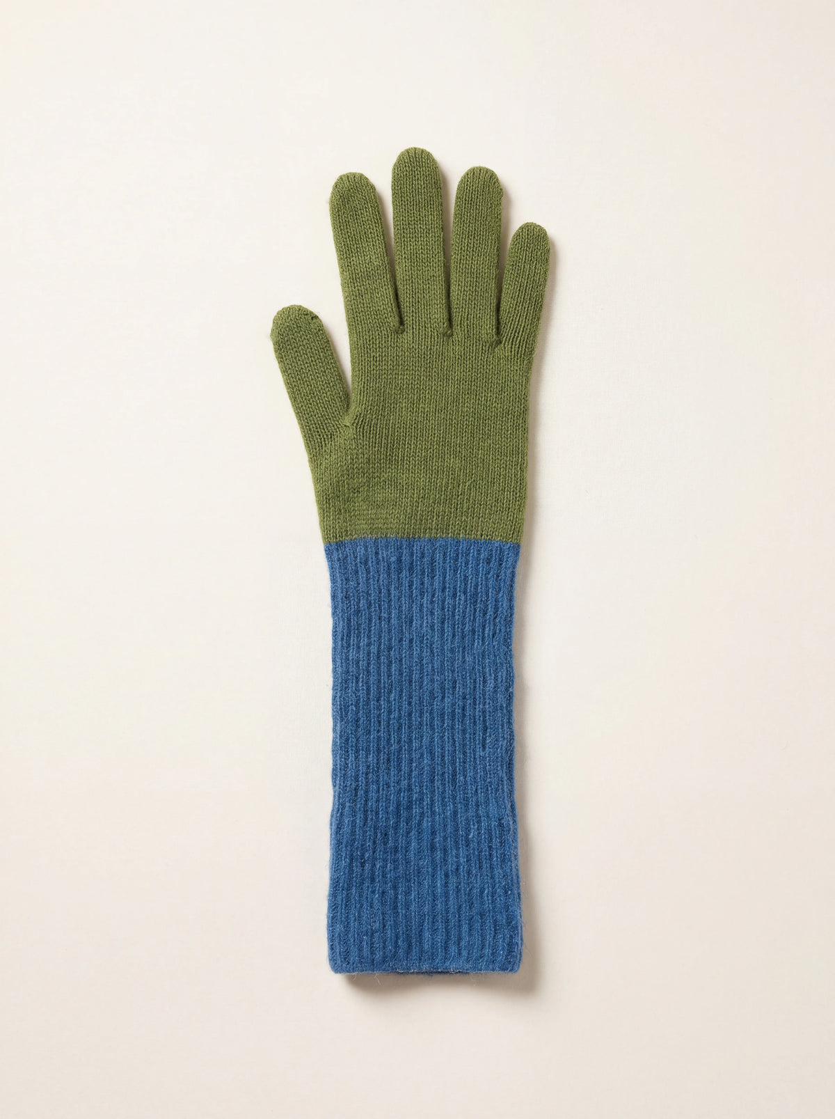 Knitted wool and cashmere glove with an olive green hand and a long ribbed blue cuff