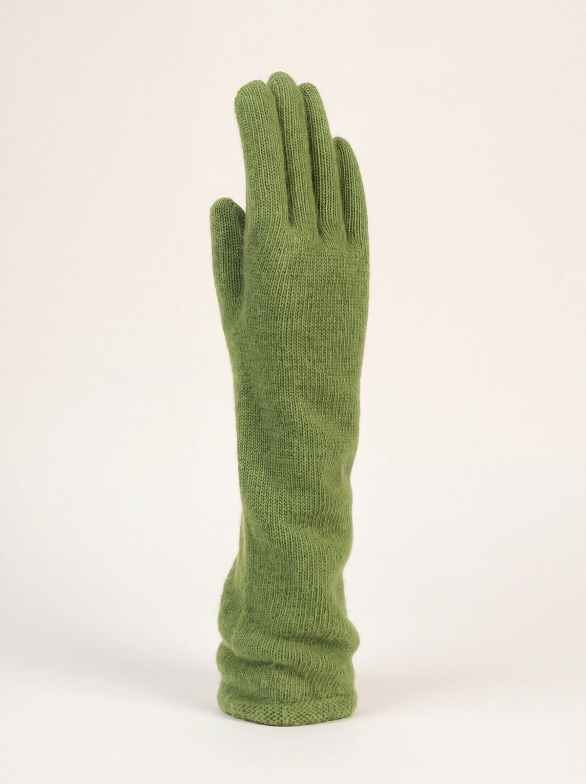 Long fine-knit wool and cashmere glove in cactus green with fitted fingers and extended cuff