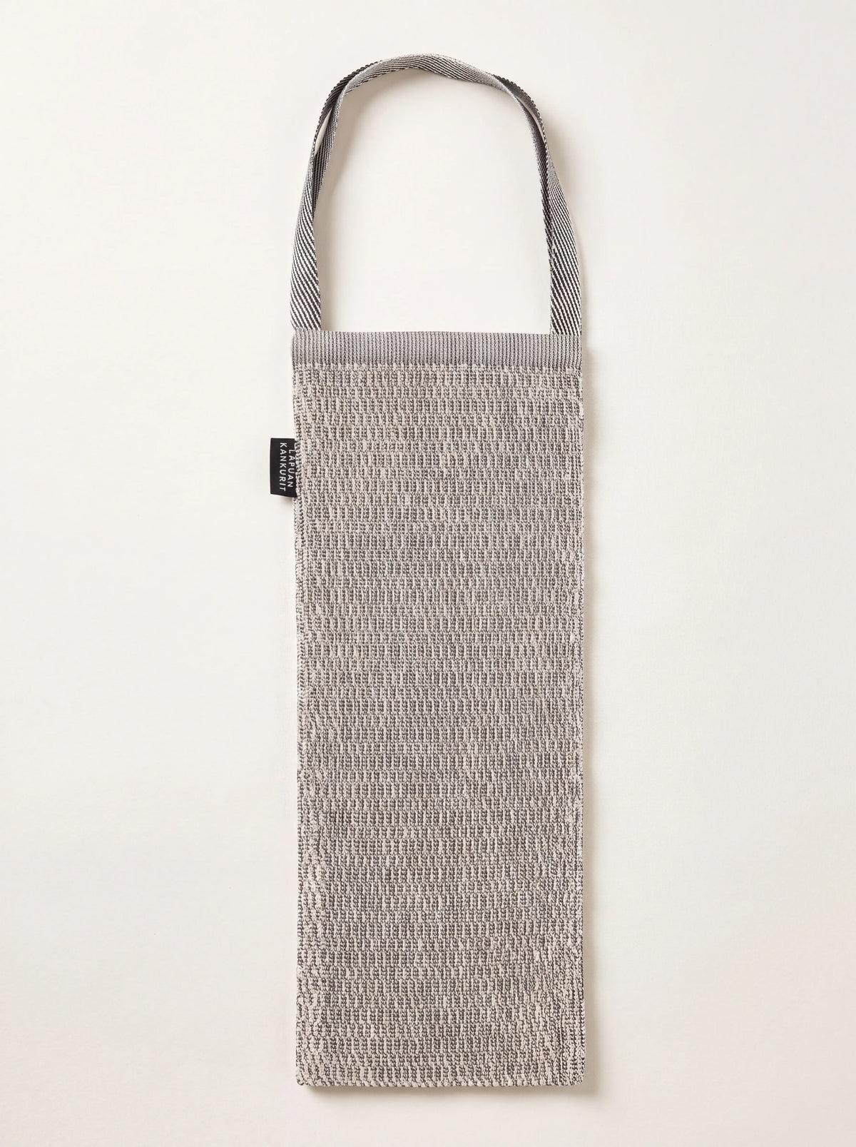 Two-tone grey and white linen terry back scrubber with a textured weave and loop handle