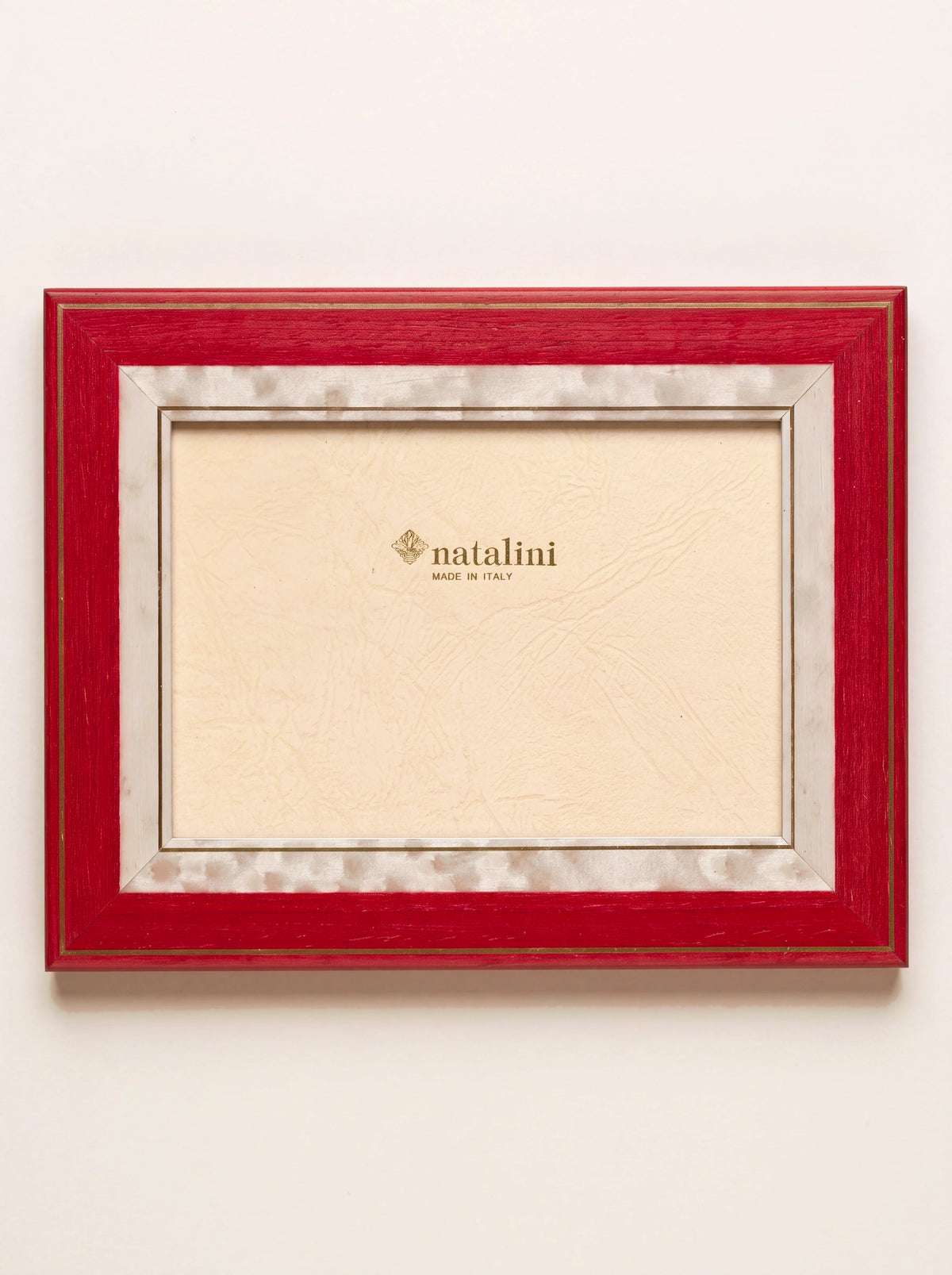 Inlaid wood veneer photo frame in red and white with double border detailing, in landscape orientation