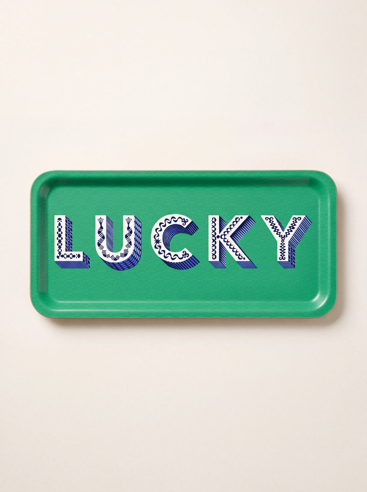 Rectangular green birch wood tray with a raised rim and decorative LUCKY lettering across the centre
