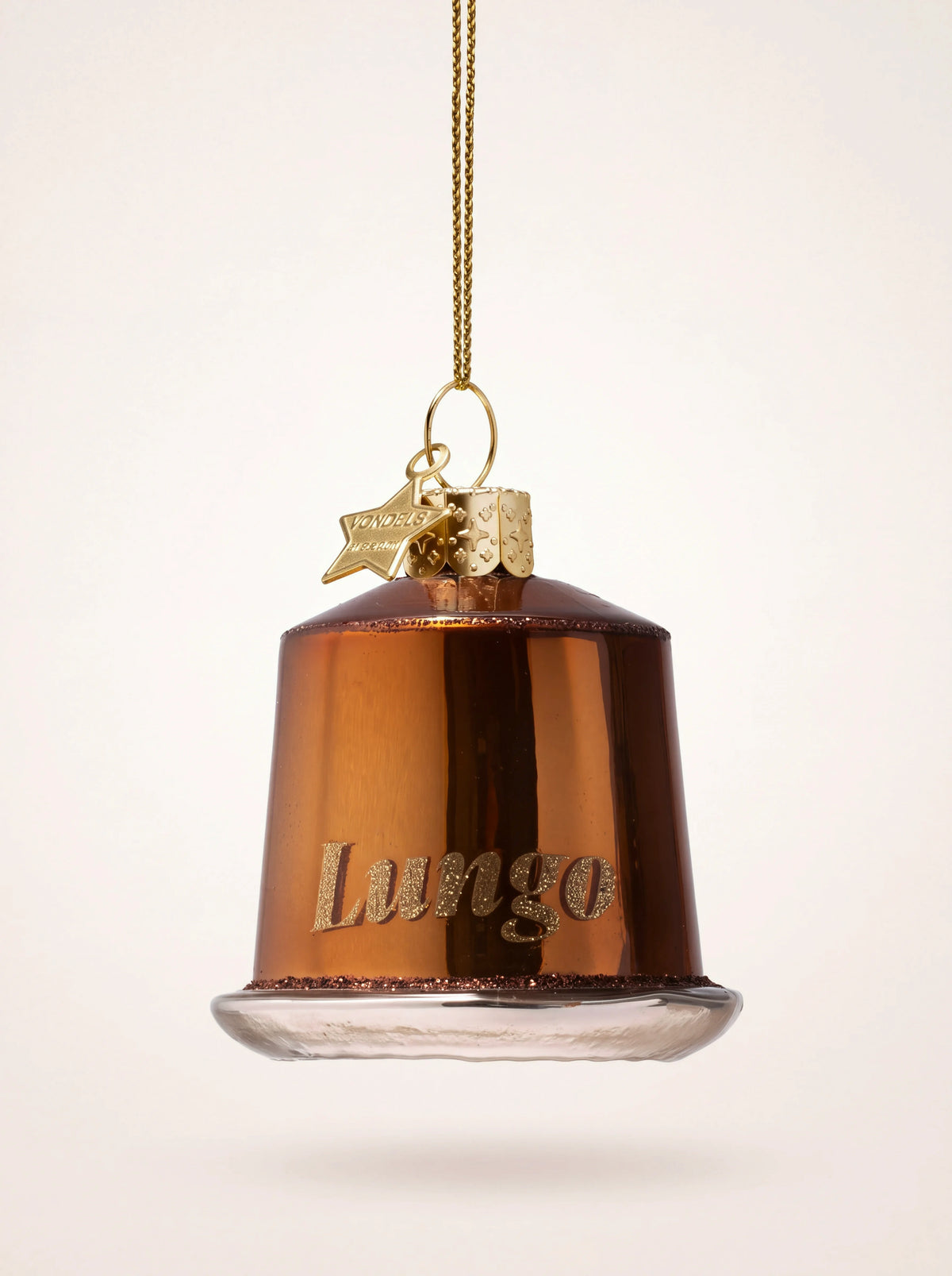 Metallic brown glass coffee capsule ornament with gold glitter Lungo lettering and hanging cord