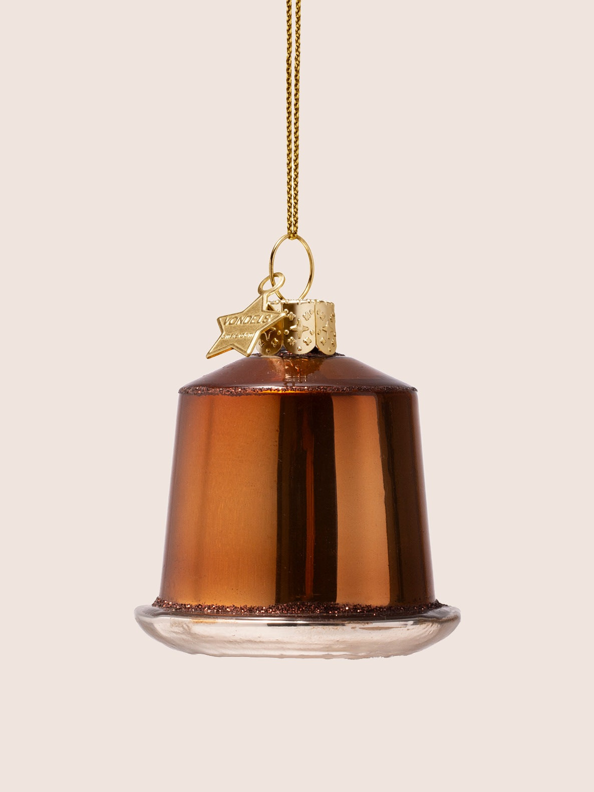Rear view of the coffee capsule ornament displaying the plain metallic brown glass and glitter trim