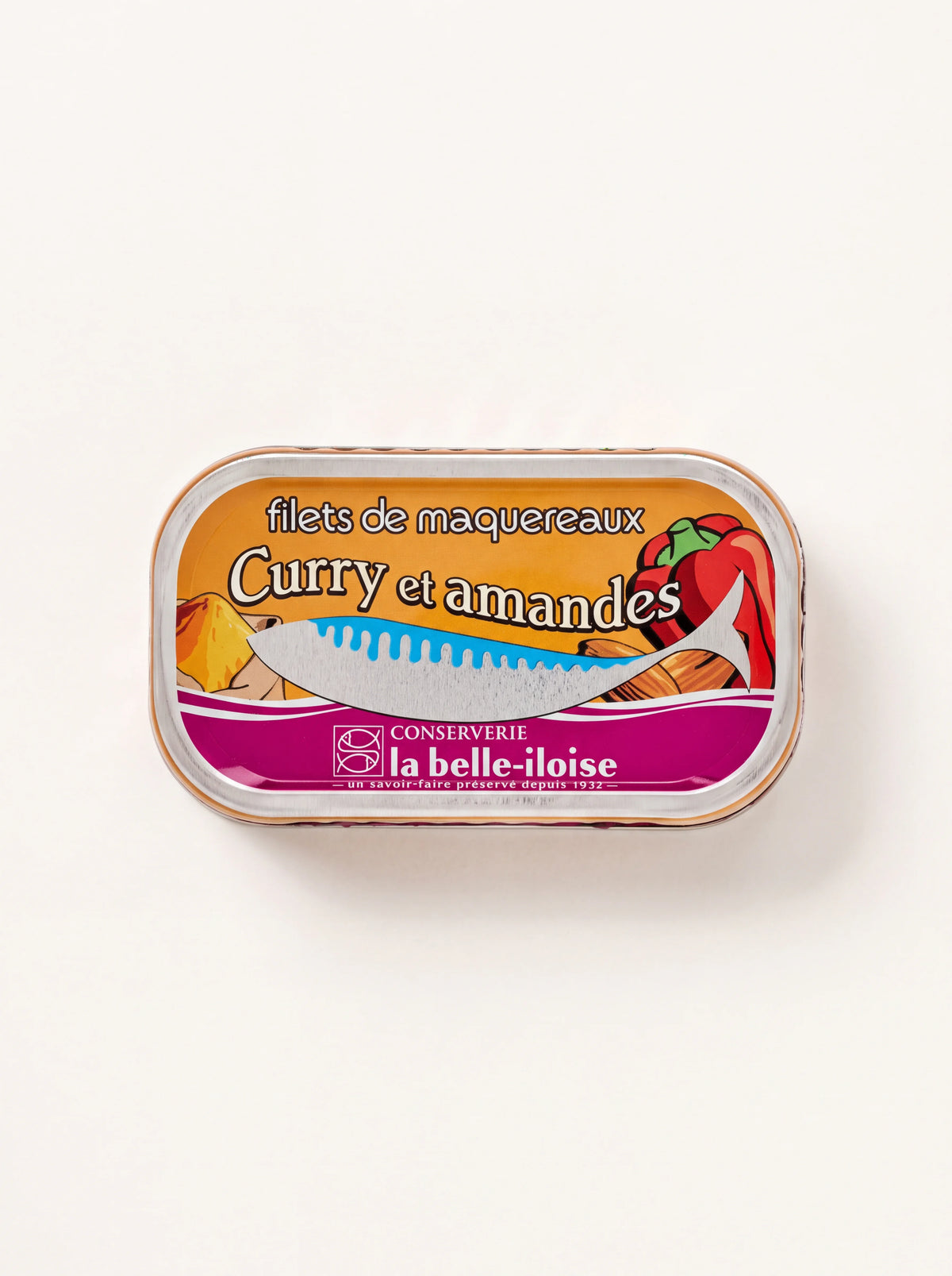Tin of mackerel fillets with curry and almonds with an illustrated orange and pink lid