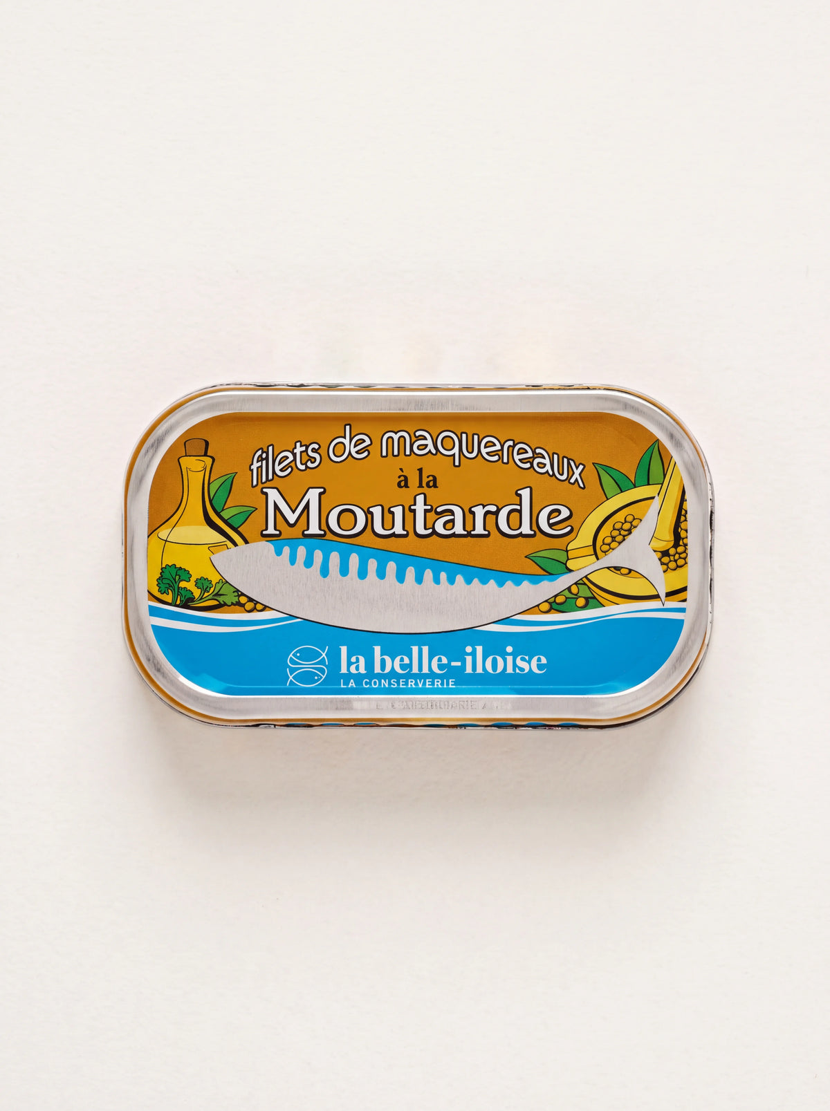 Tin of mackerel fillets in blue and yellow packaging reading filets de maquereaux à la Moutarde