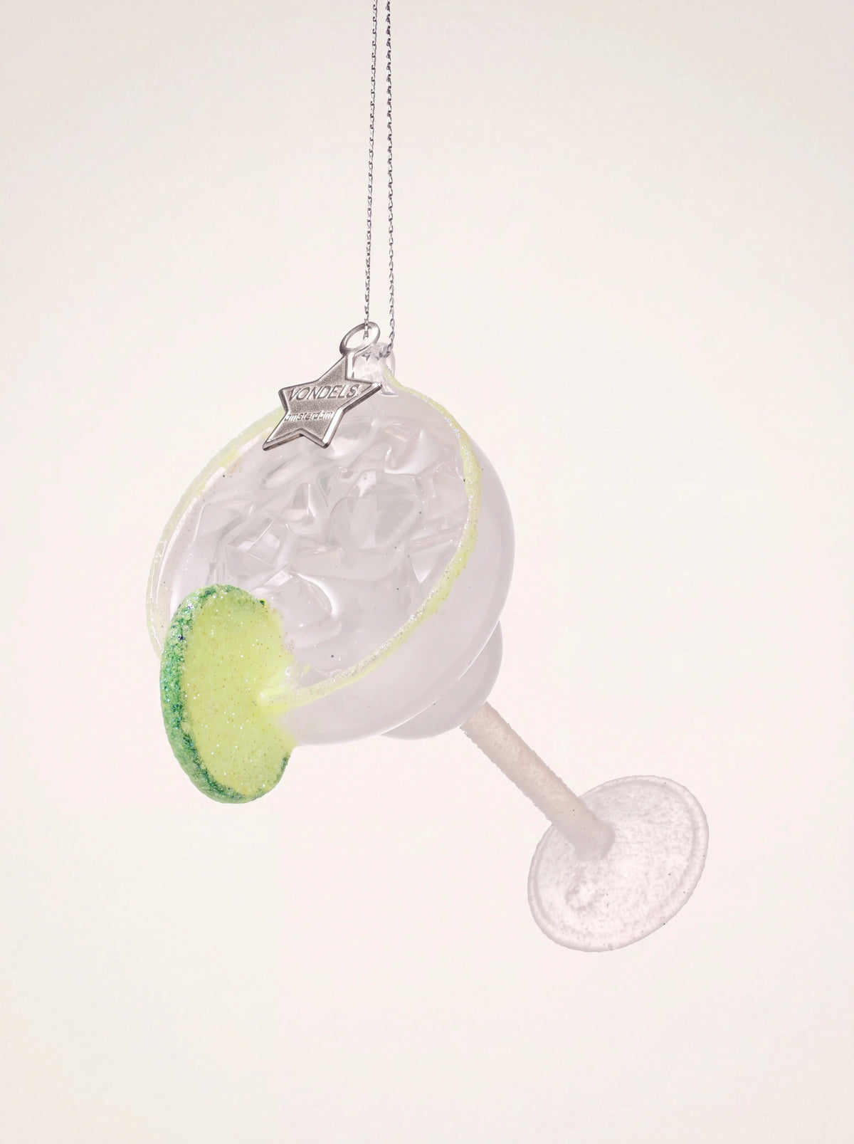 Glass margarita cocktail ornament with a frosted stem, ice cubes, glittered lime wedge and star charm