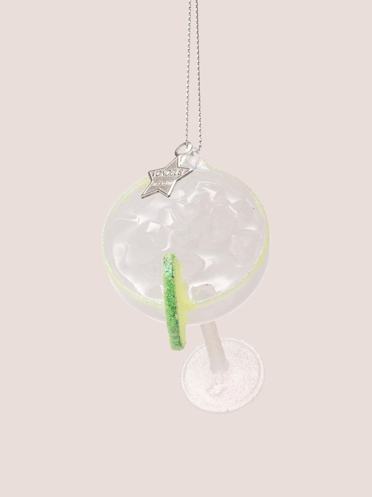 Margarita cocktail ornament viewed from the front, showing the lime wedge edge-on and textured rim