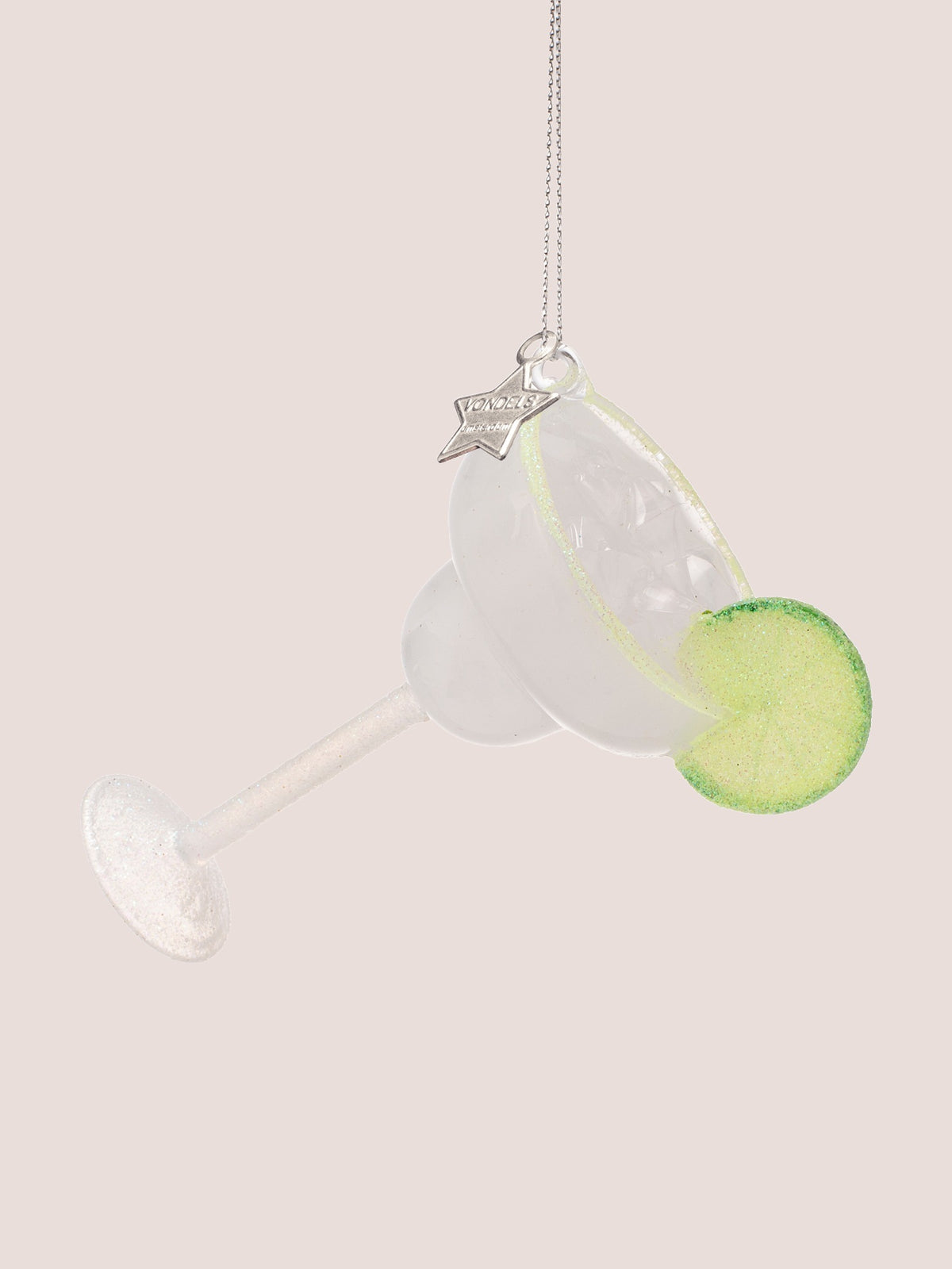 Margarita cocktail ornament tilted to the left, showing the frosted stem, round base and bowl underside