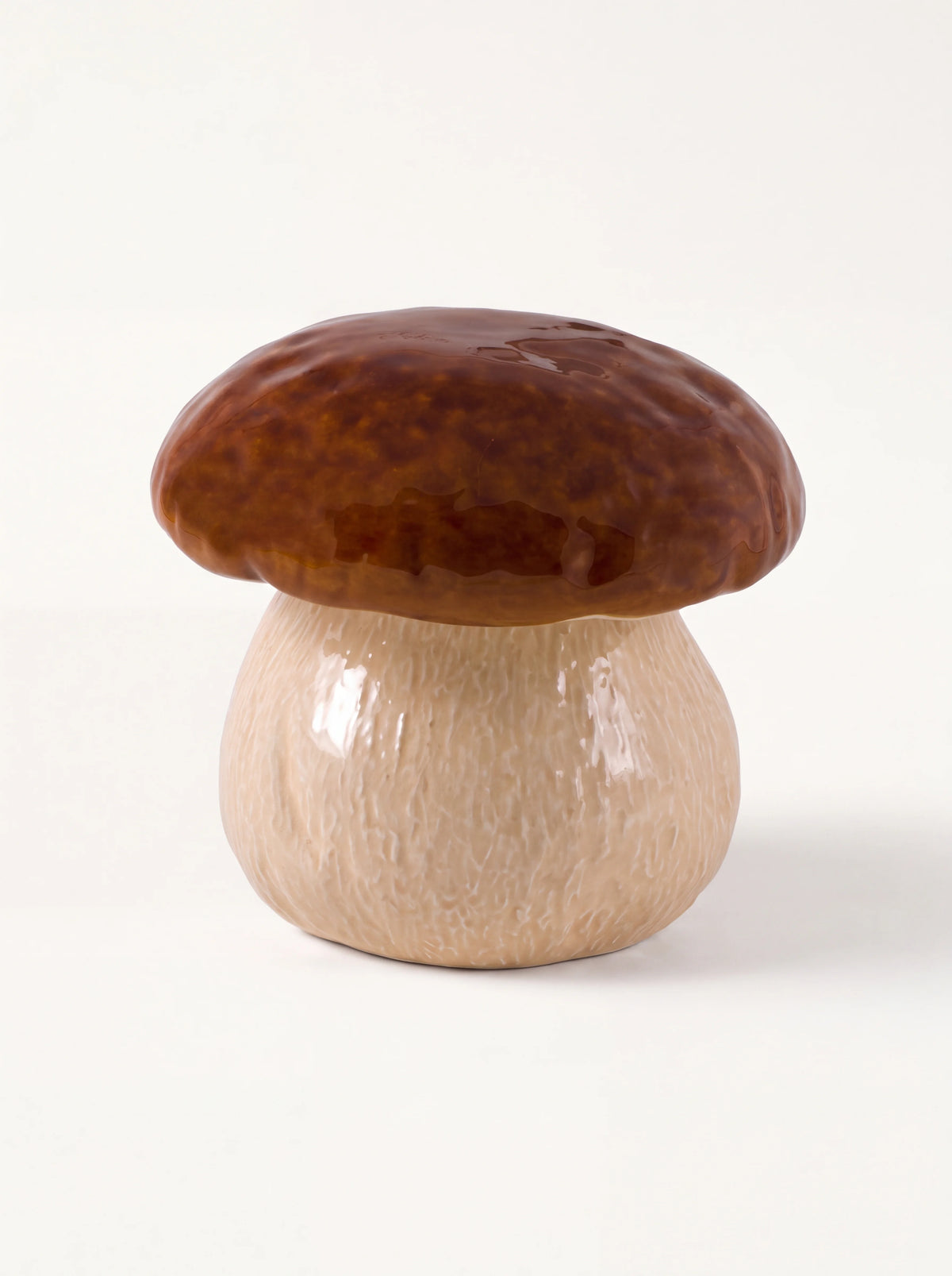 Mushroom-shaped earthenware box with a textured beige base and glossy brown cap lid