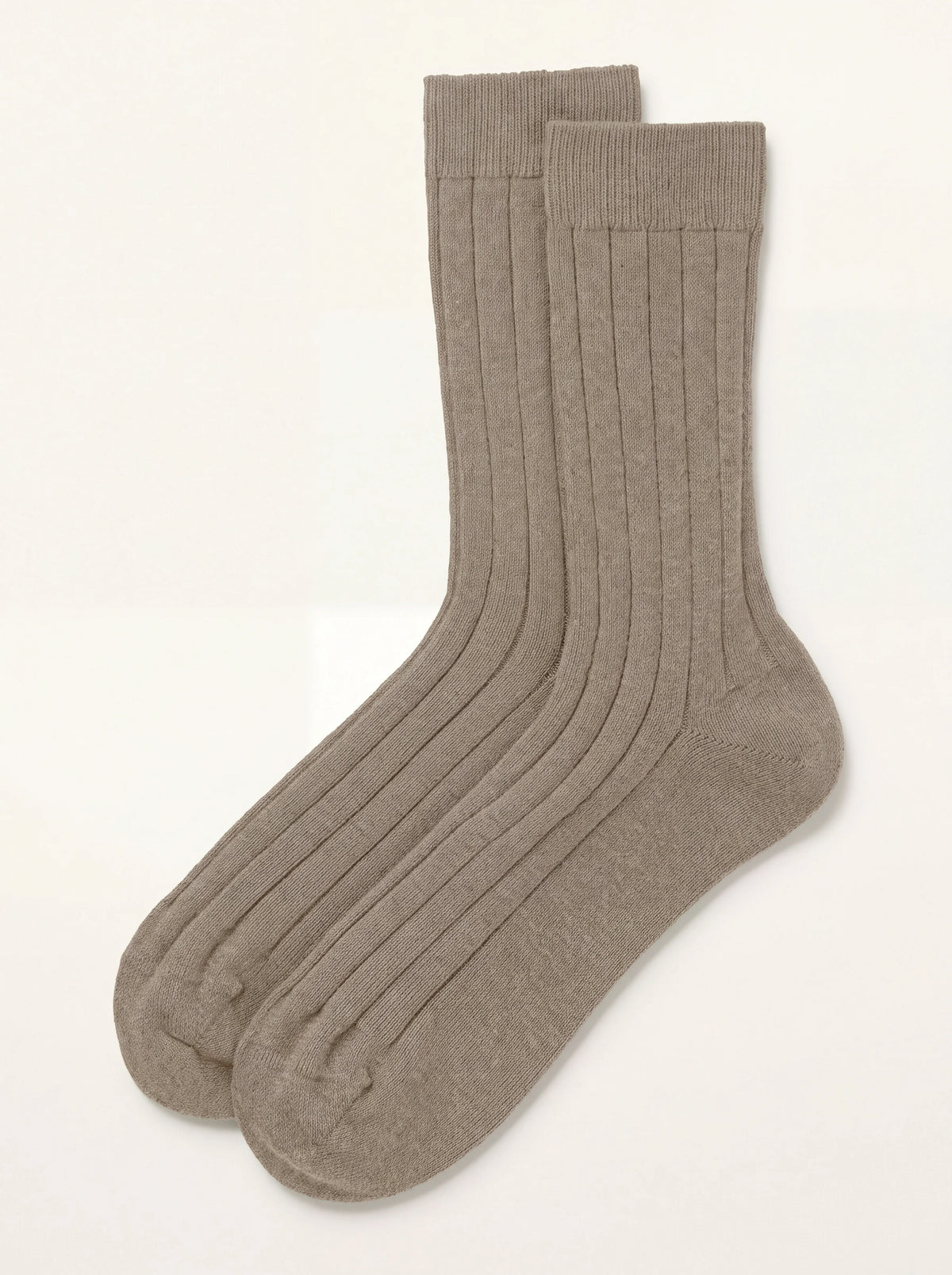 Pair of light brown ribbed cashmere socks with smooth heel and toe sections