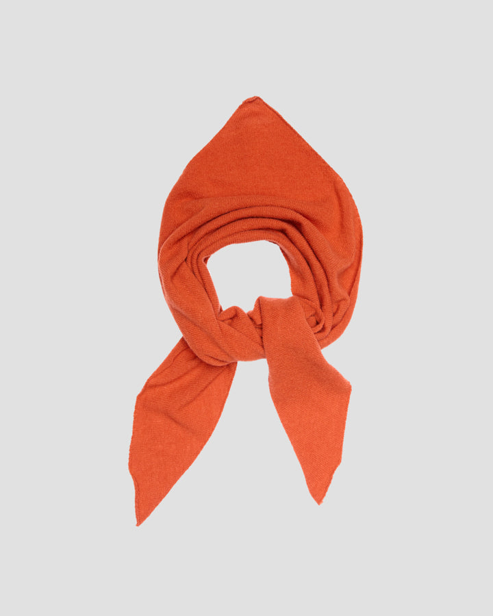 Orange merino wool triangular bandana, knotted loosely with tapered ends pointing down
