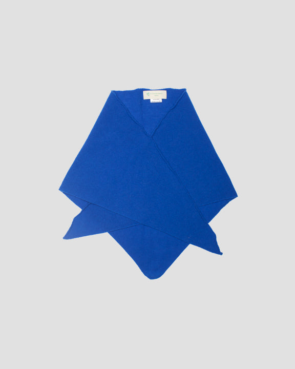 Royal blue merino wool bandana folded flat with the fabric label visible at the top