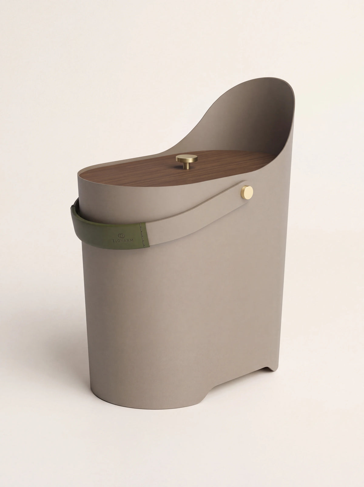 Olive powder-coated steel ash bucket with a curved back, walnut lid and leather-wrapped handle
