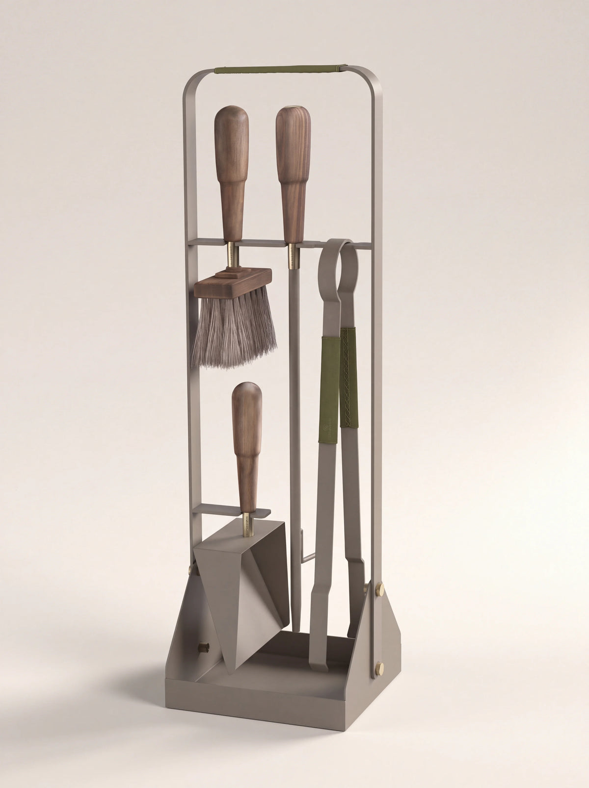 Taupe metal fireplace tool set on a stand, with oiled walnut handles and olive green leather details