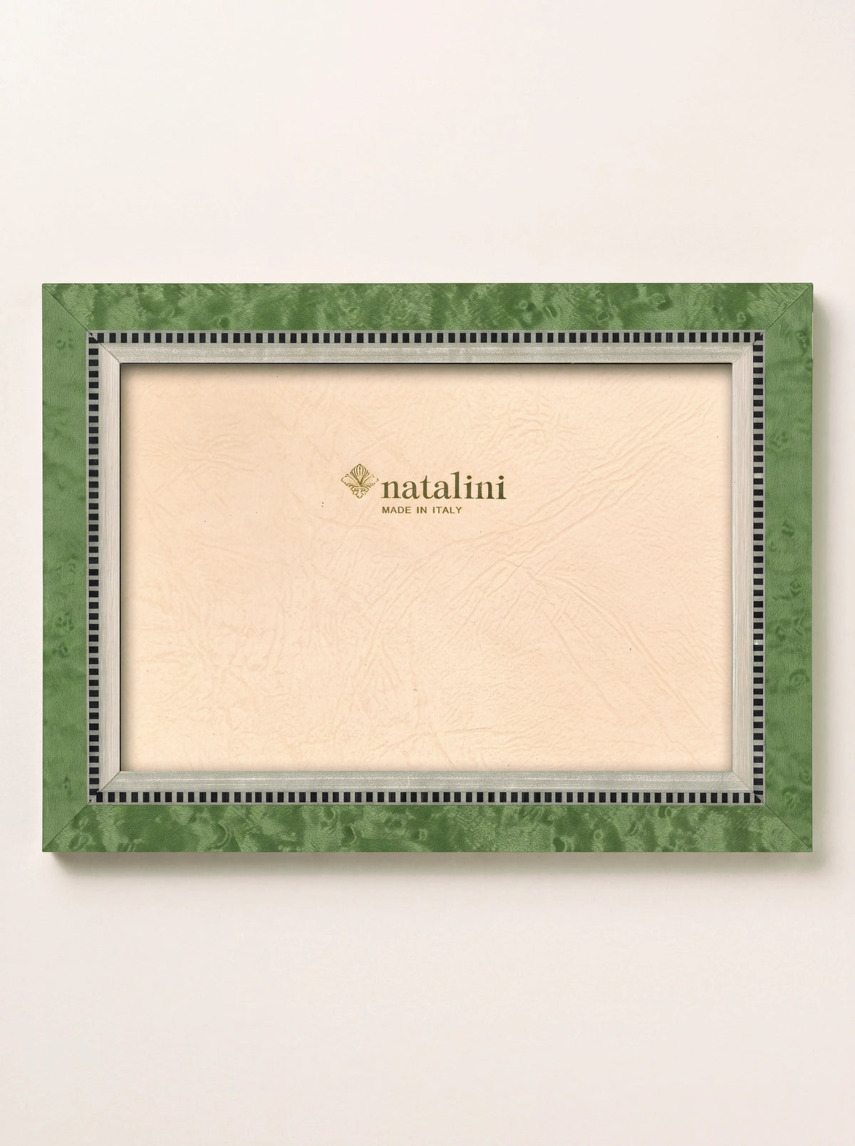 Light green wood veneer photo frame with chequered inlay and insert reading 'natalini MADE IN ITALY
