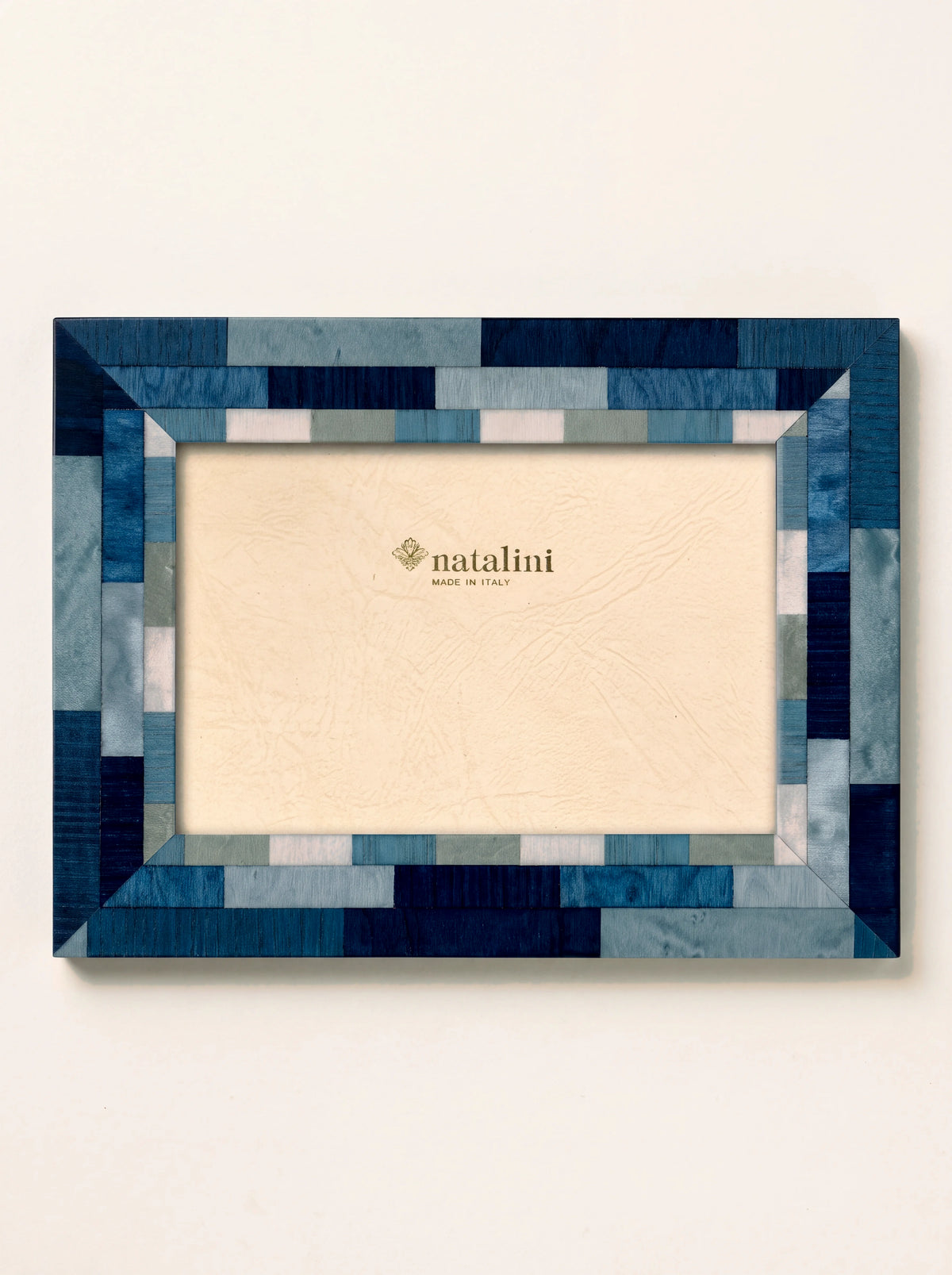 Rectangular photo frame with blue inlaid wood veneer in a geometric pattern, with natalini MADE IN ITALY insert