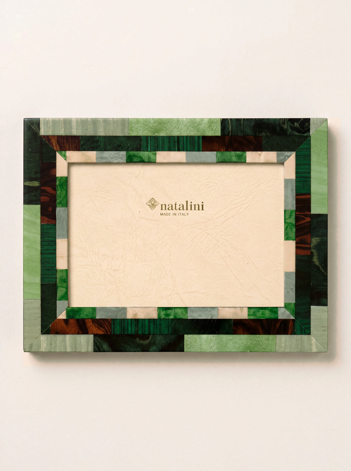 Green inlaid wood veneer photo frame in a geometric pattern with insert reading natalini MADE IN ITALY