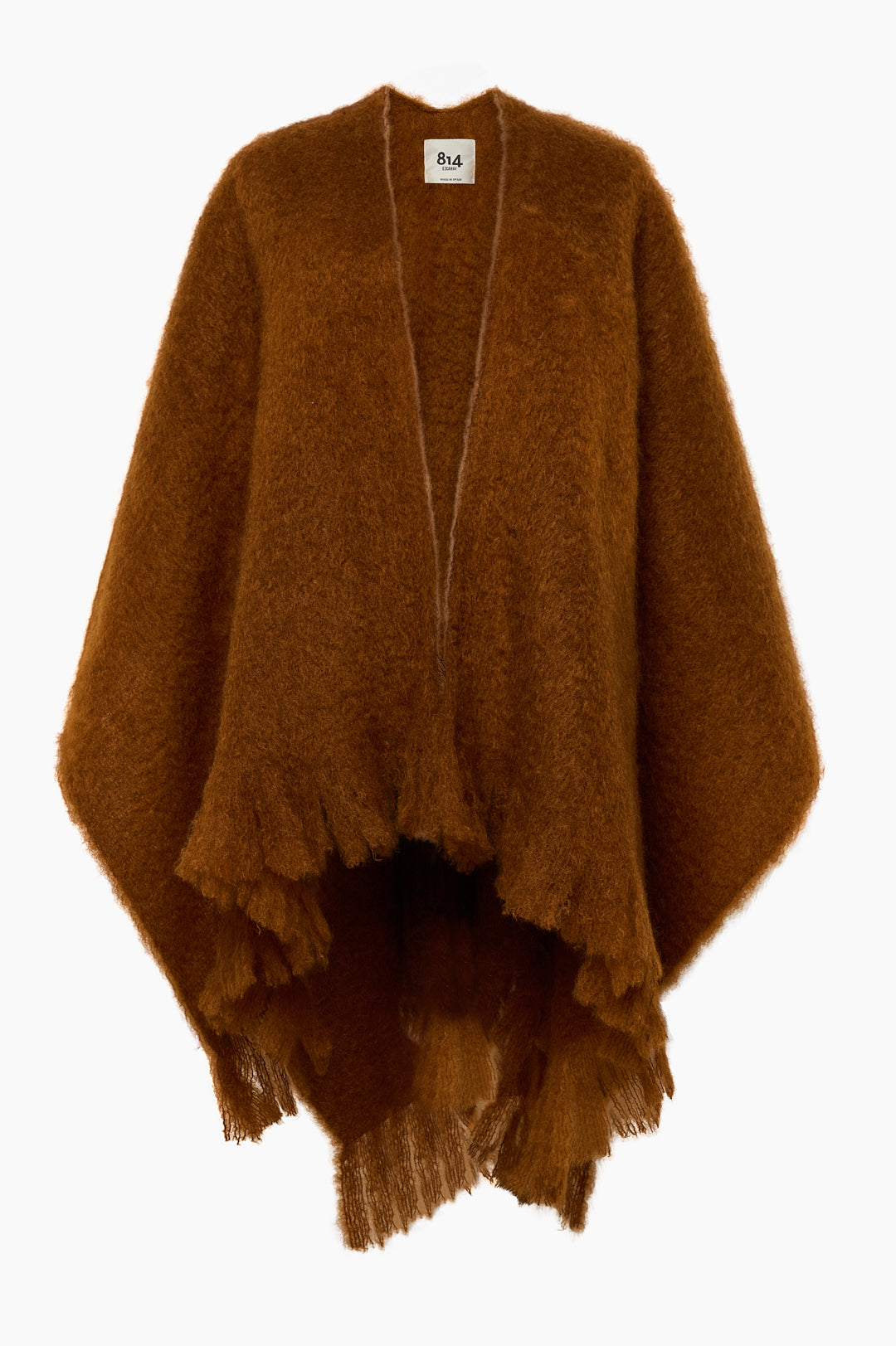 Brown brushed mohair poncho with an open front, draped sides and fringed hem