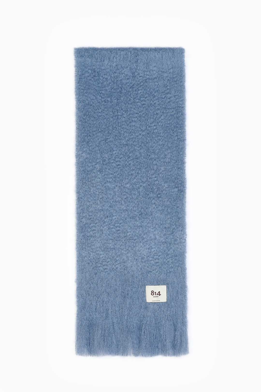Blue brushed mohair-wool scarf laid flat with fringed ends and a white 814 label