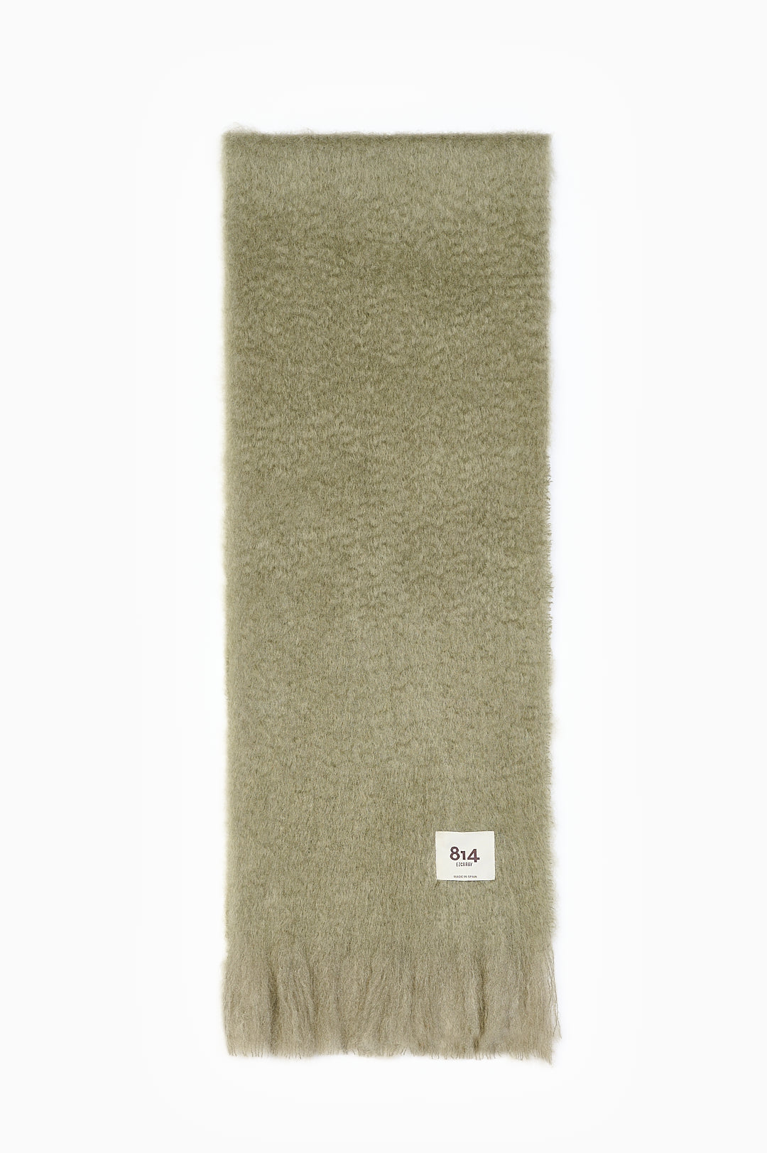 Green brushed mohair scarf with fringed ends and a white label patch reading 814