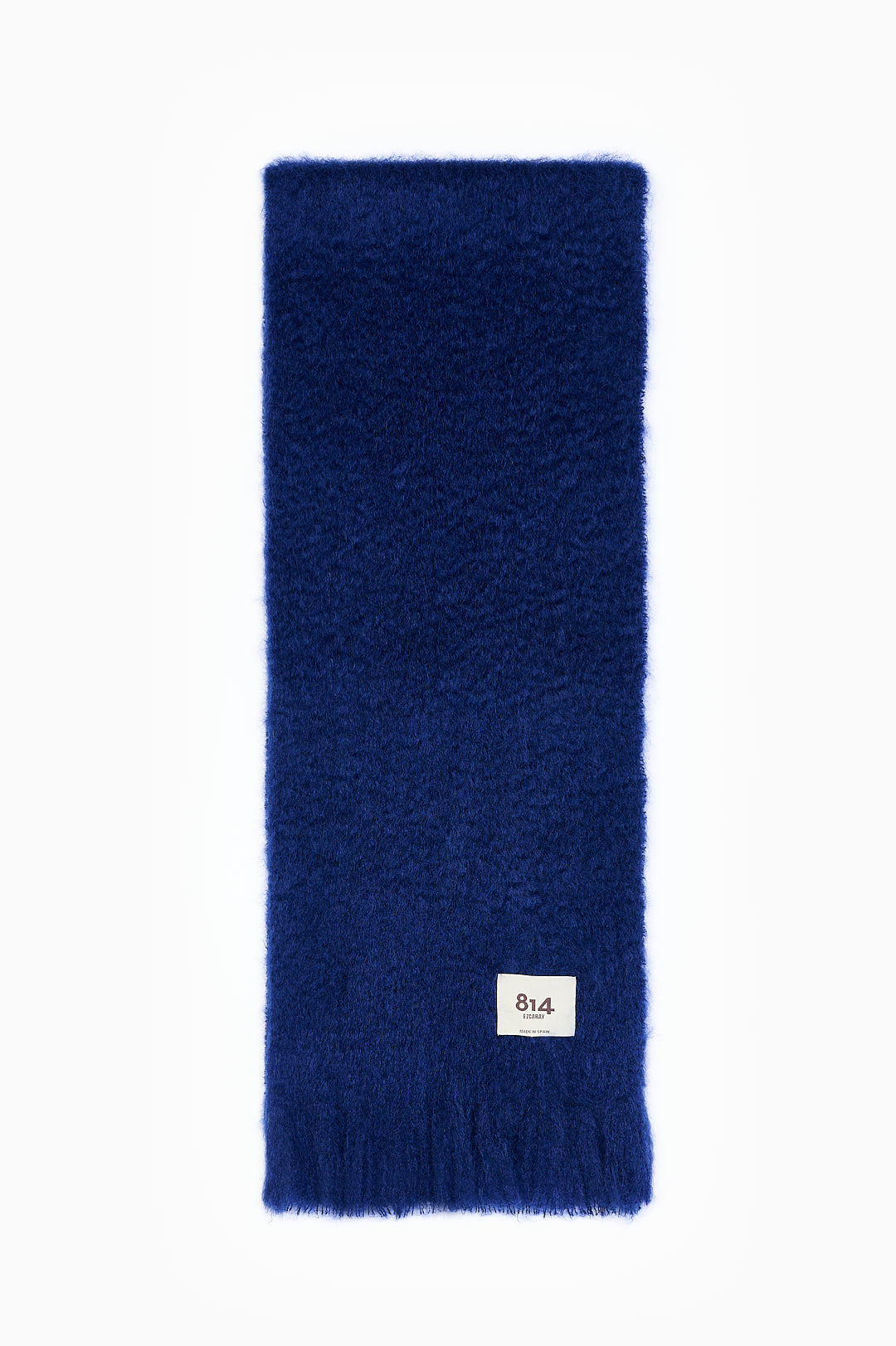 Blue mohair blend scarf with brushed texture, fringed edge and a white 814 label